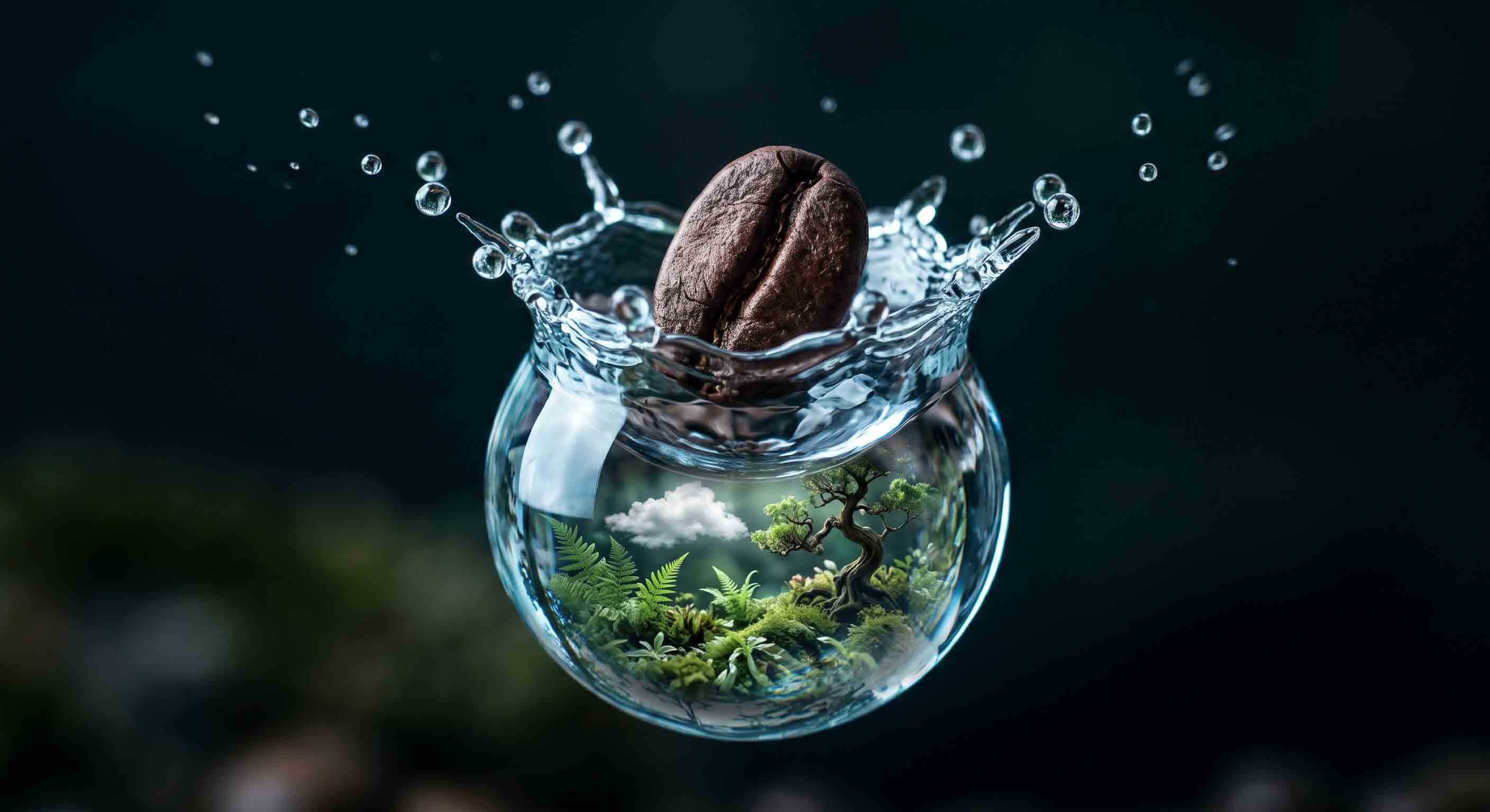 Conceptual photo showing a coffee bean splashing into a massive droplet of water representing sustainability