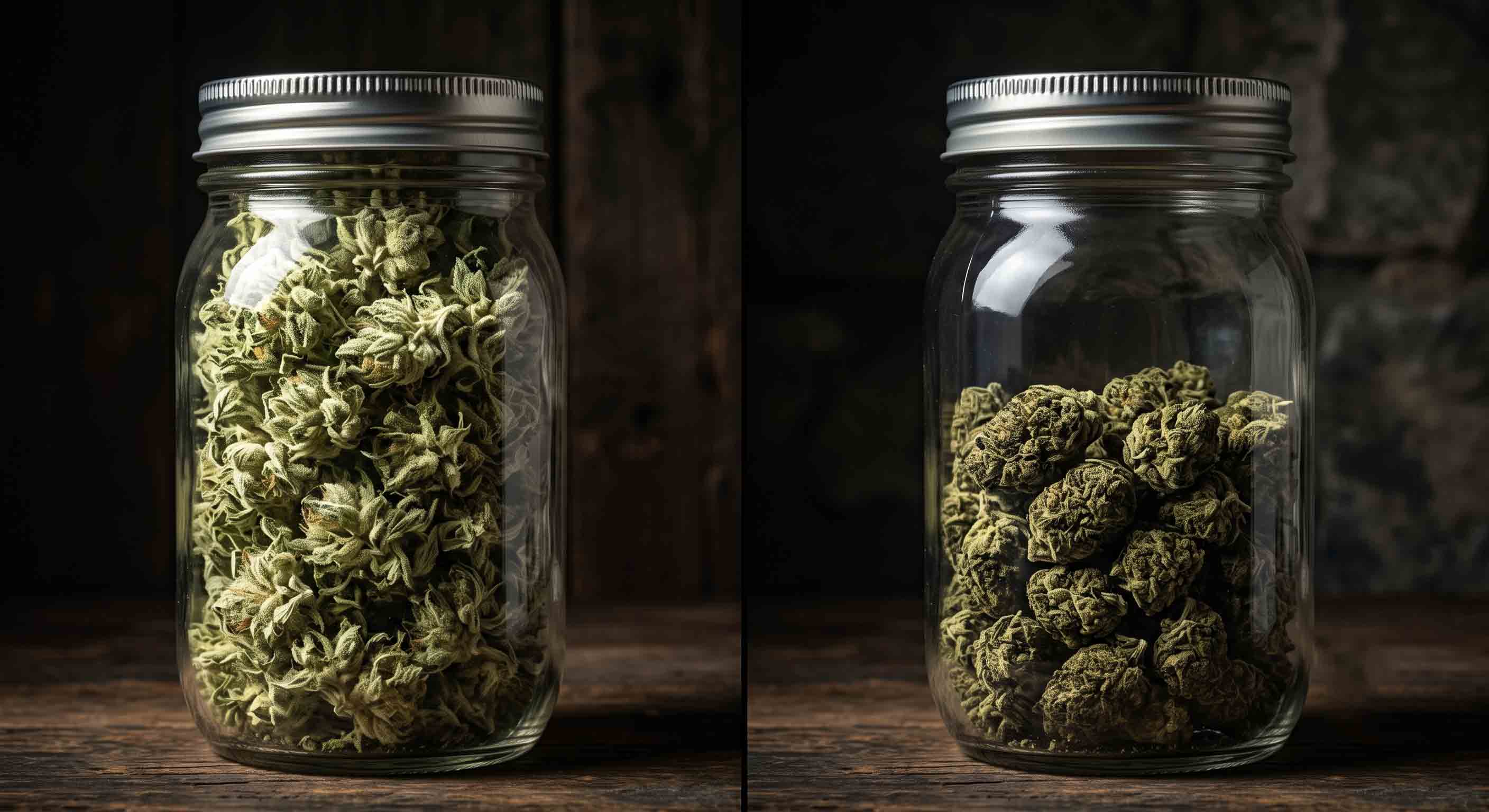 fluffy sativa versus dense indica bud structure in one ounce glass jar
