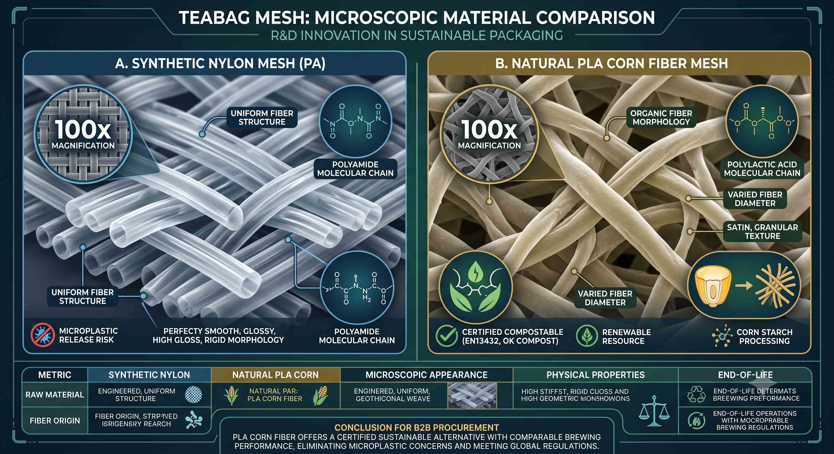 Microscopic comparison of synthetic nylon tea bag mesh vs natural PLA corn fiber mesh