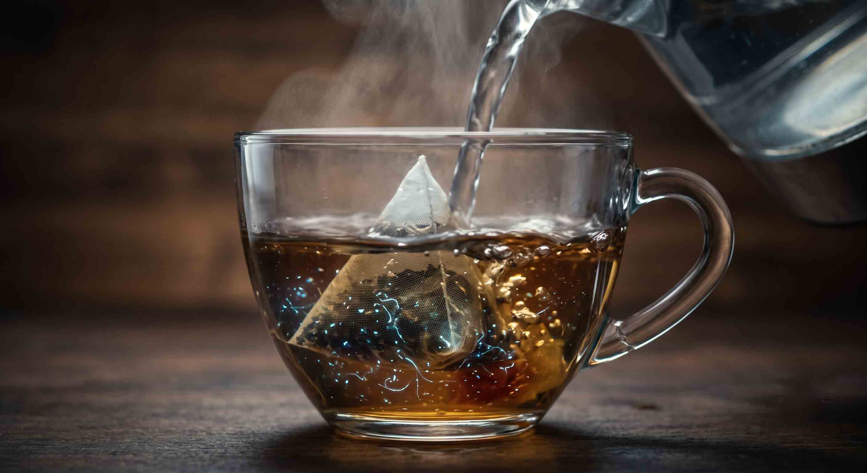 Boiling water in a teacup releasing glowing microplastics from a nylon tea bag