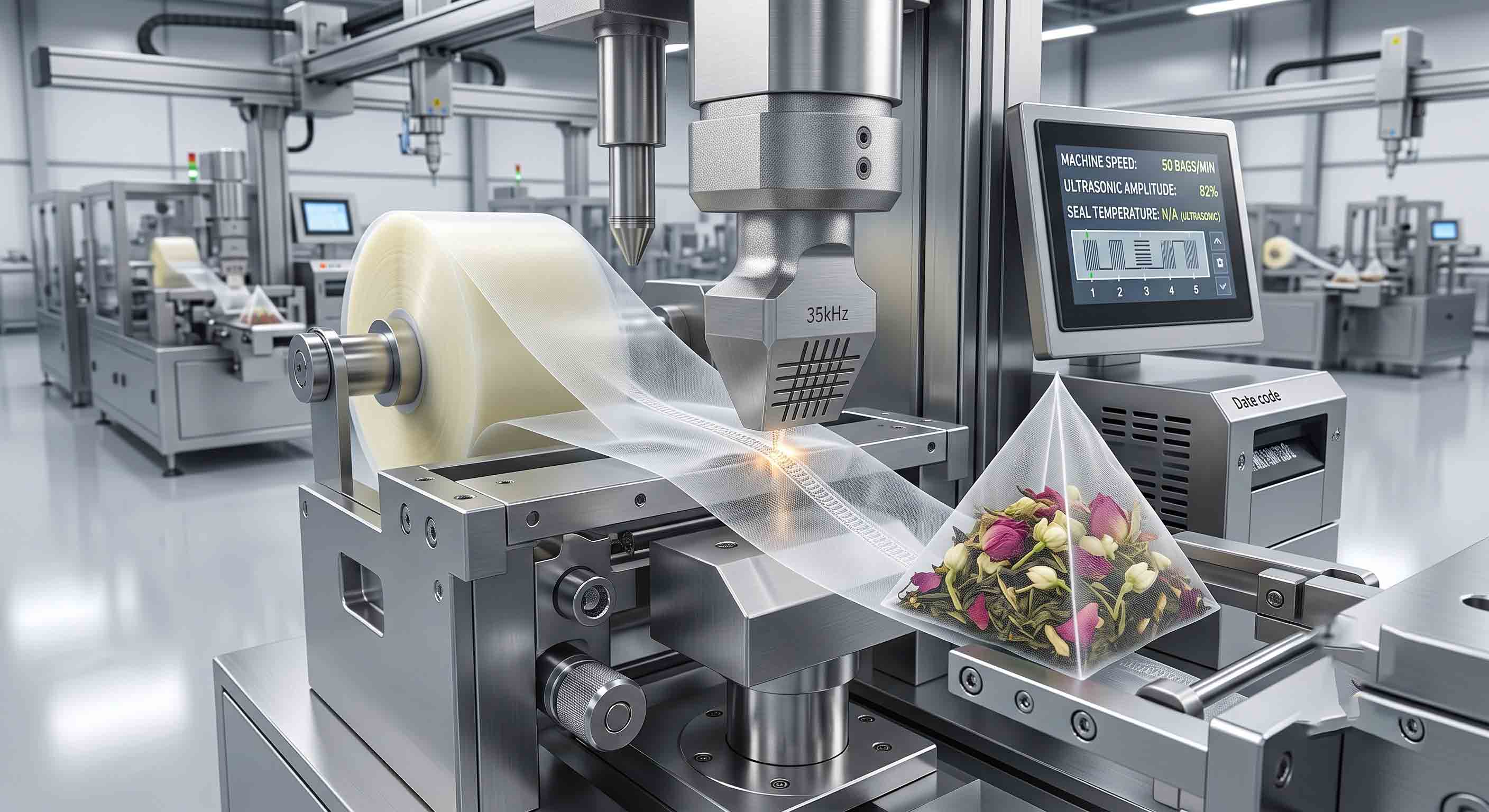 Ultrasonic sealing machine fusing a PLA pyramid tea bag without glue