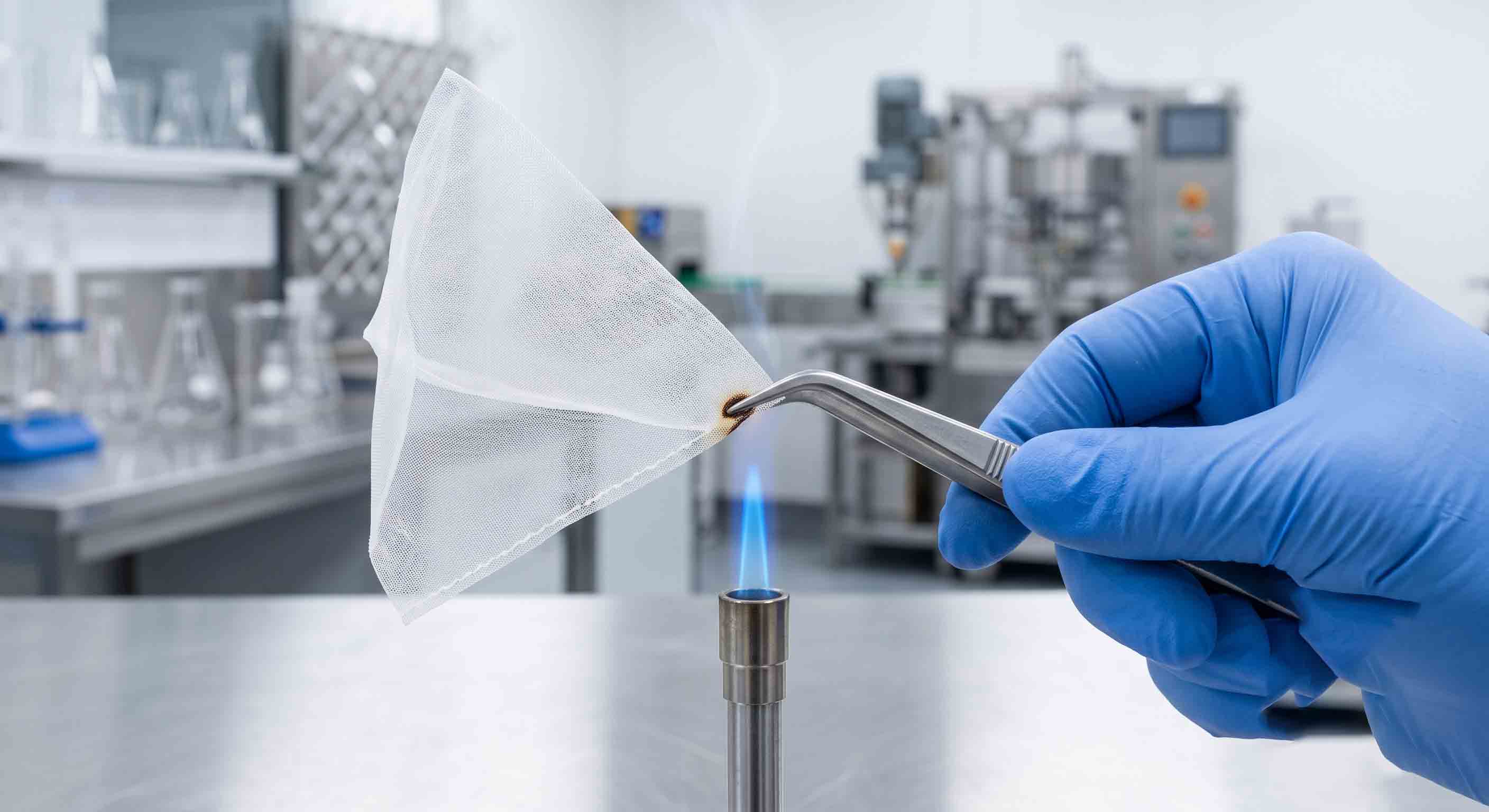 Performing a burn test on a pyramid tea bag mesh with tweezers and a small flame