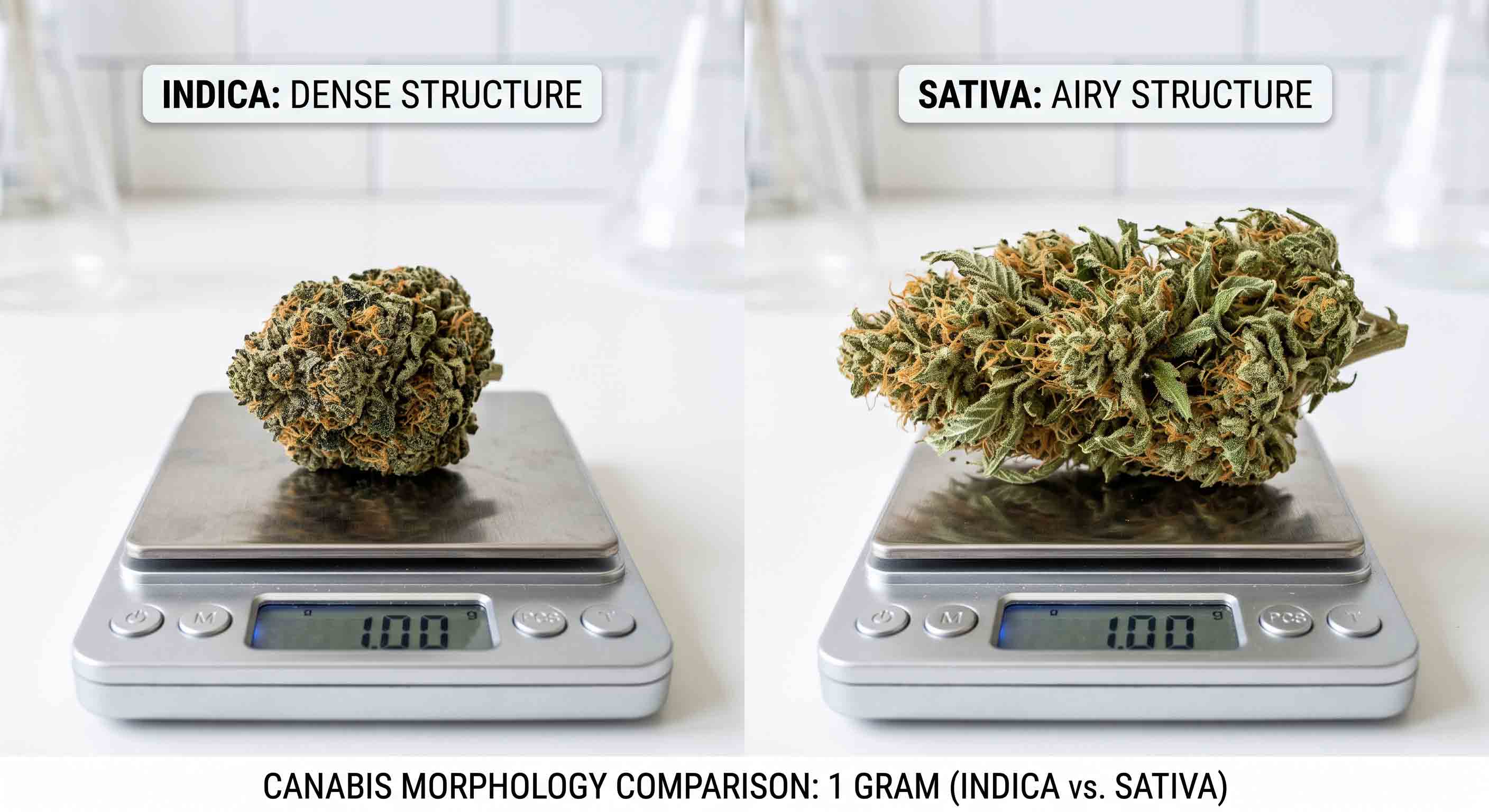 Visual size comparison showing a dense Indica bud and a fluffy Sativa bud, both weighing exactly 1 gram.