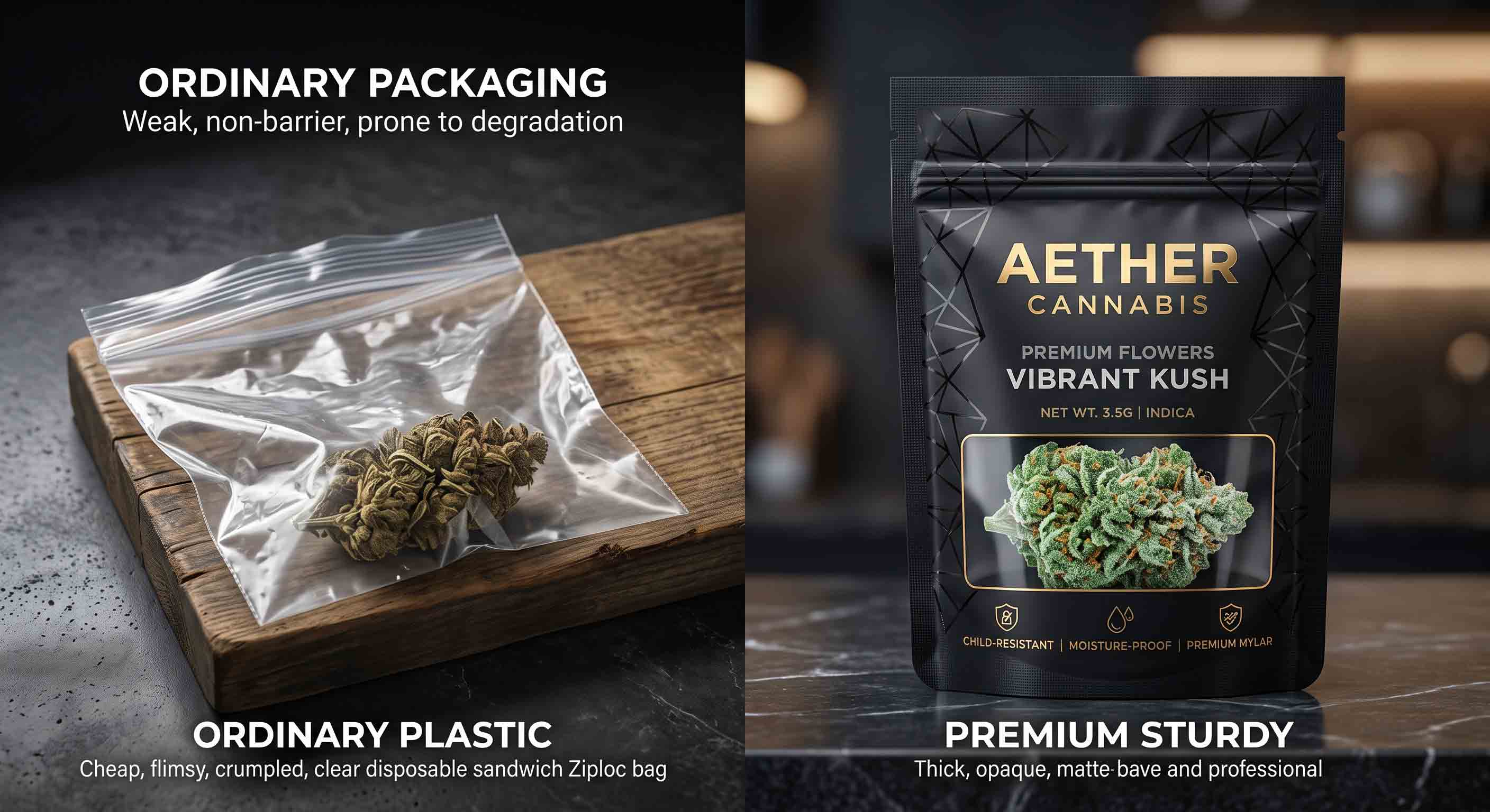 Comparison of a cheap plastic ziploc versus a premium, child-resistant custom Mylar bag for packaging a dime bag of cannabis.