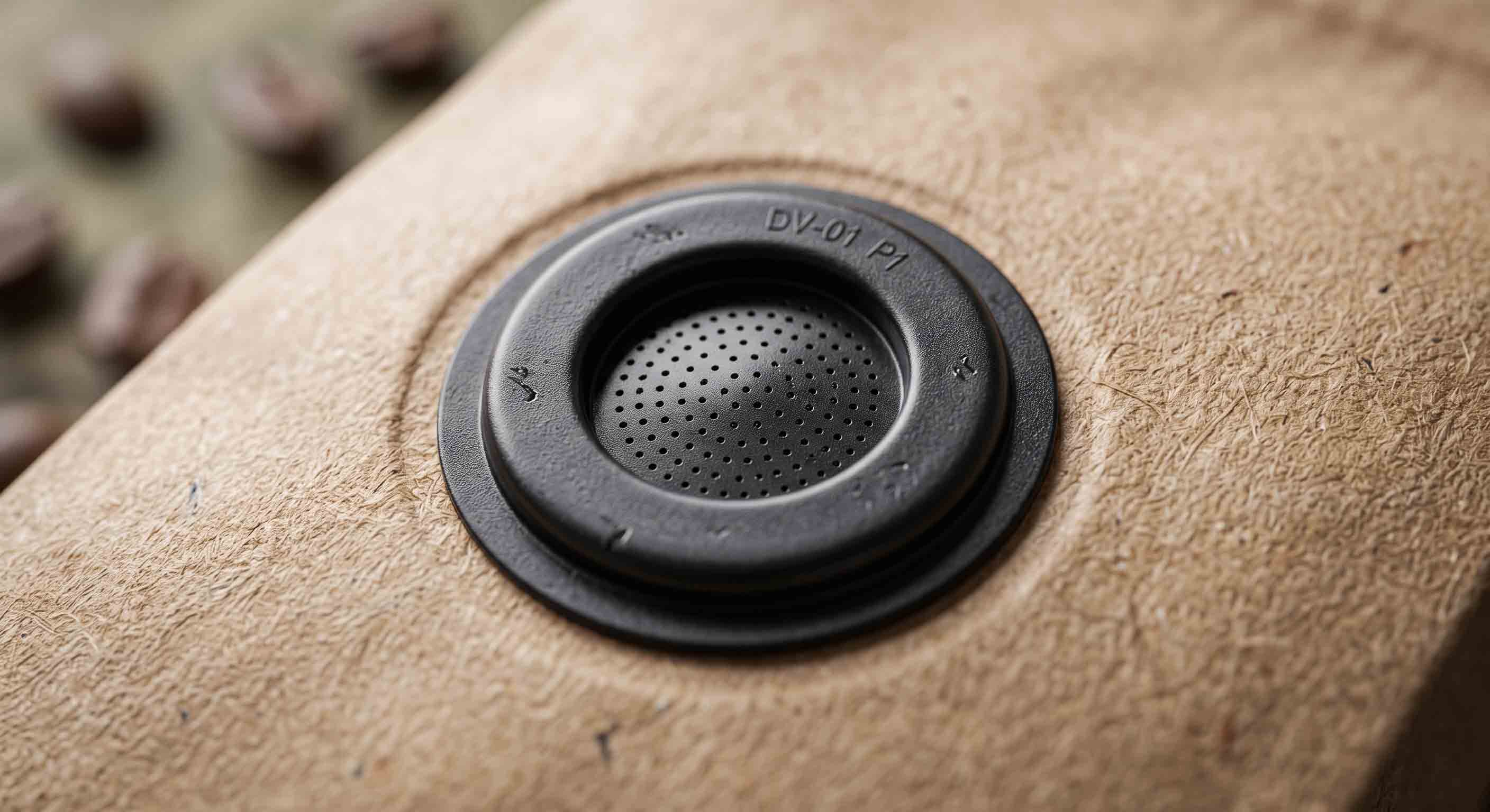 Macro close-up shot of a one-way degassing valve on a kraft paper coffee bag