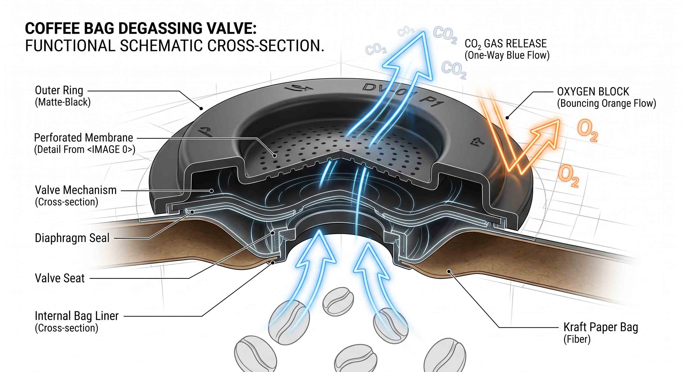 Cross-section diagram showing how a one-way coffee degassing valve releases CO2 and blocks oxygen