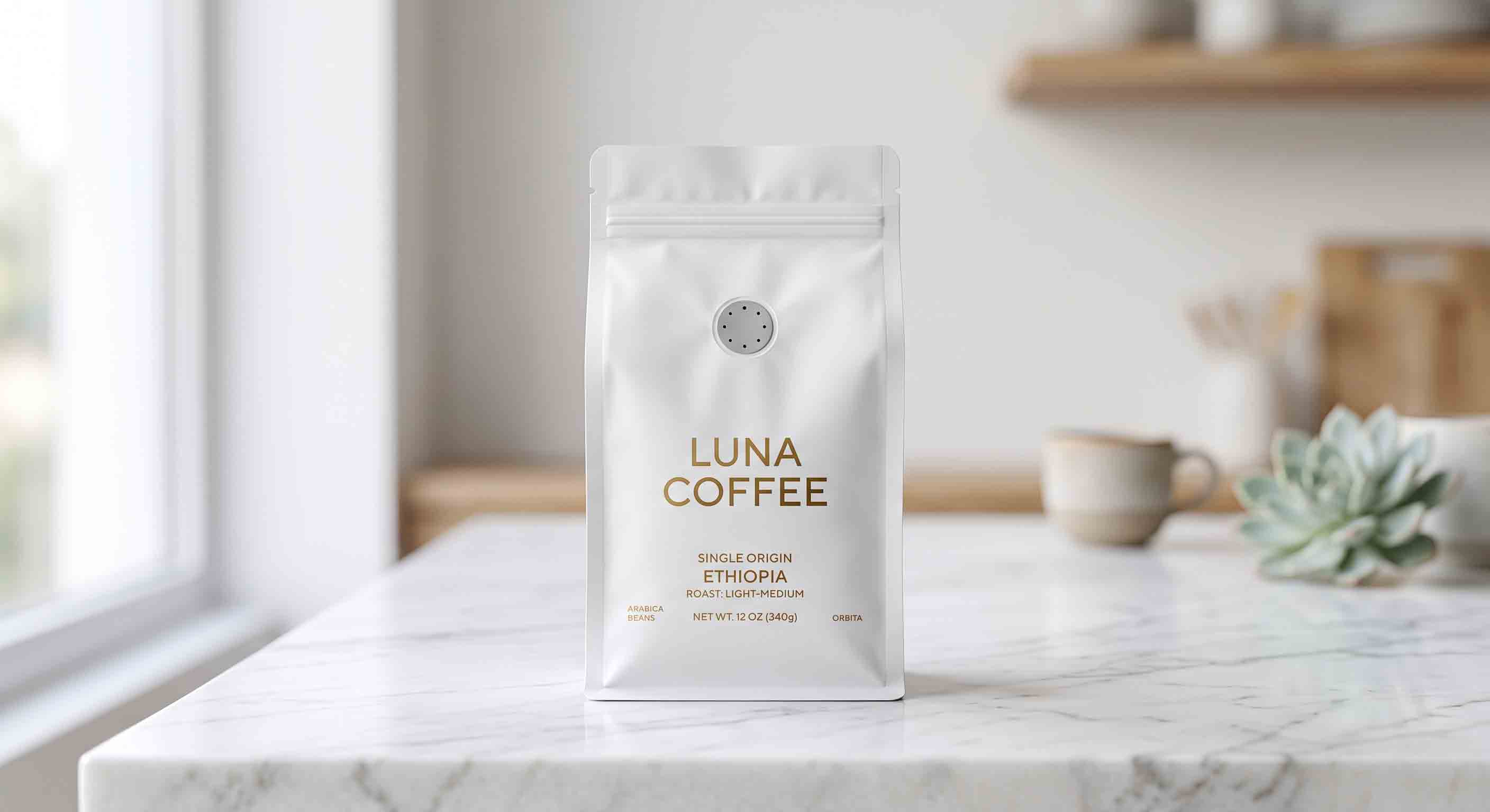 Stunning minimalist matte white flat-bottom coffee bag with a clean degassing valve