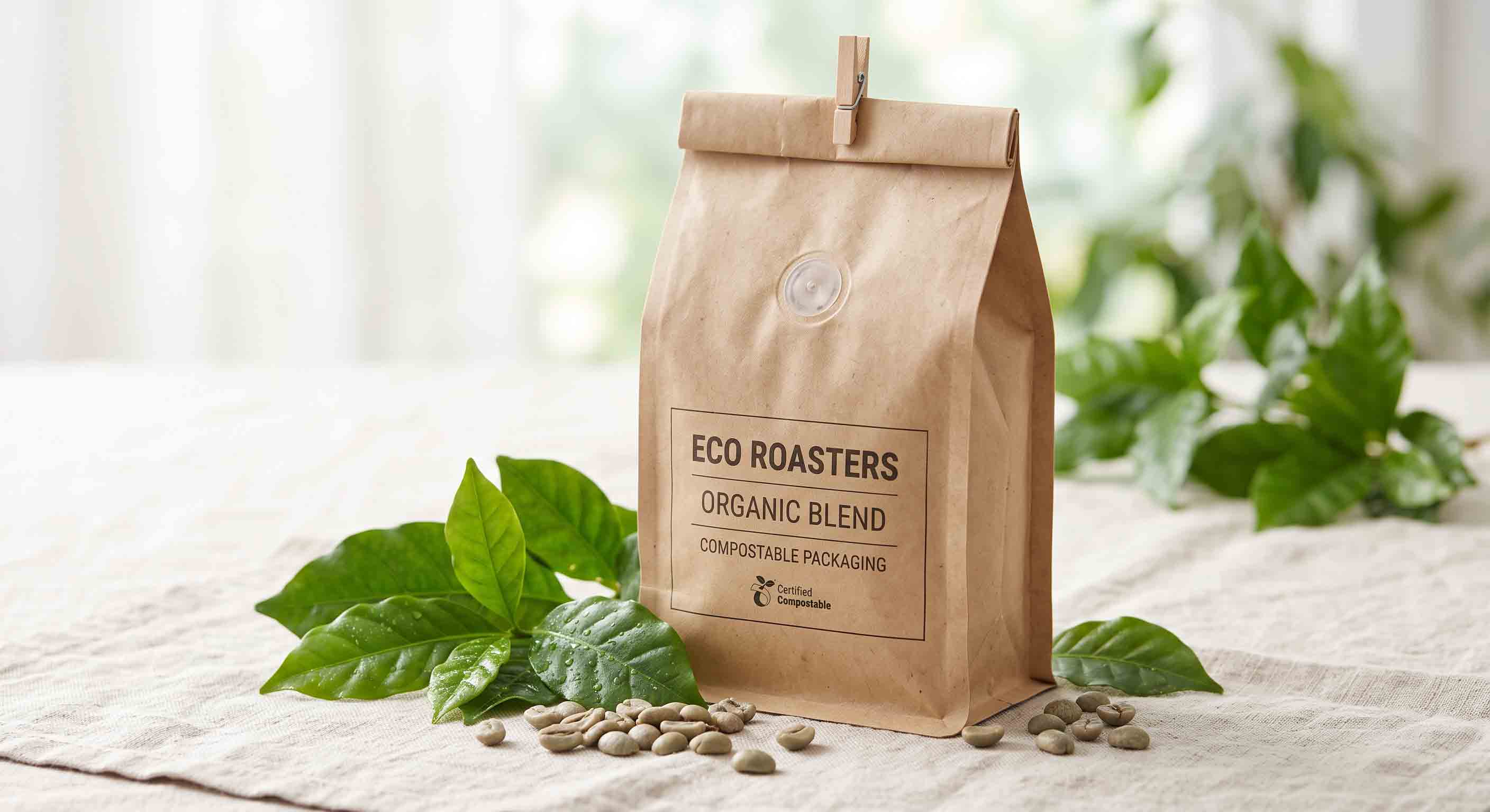 Beautiful eco-friendly compostable brown kraft paper coffee pouch with a bio-valve surrounded by green leaves