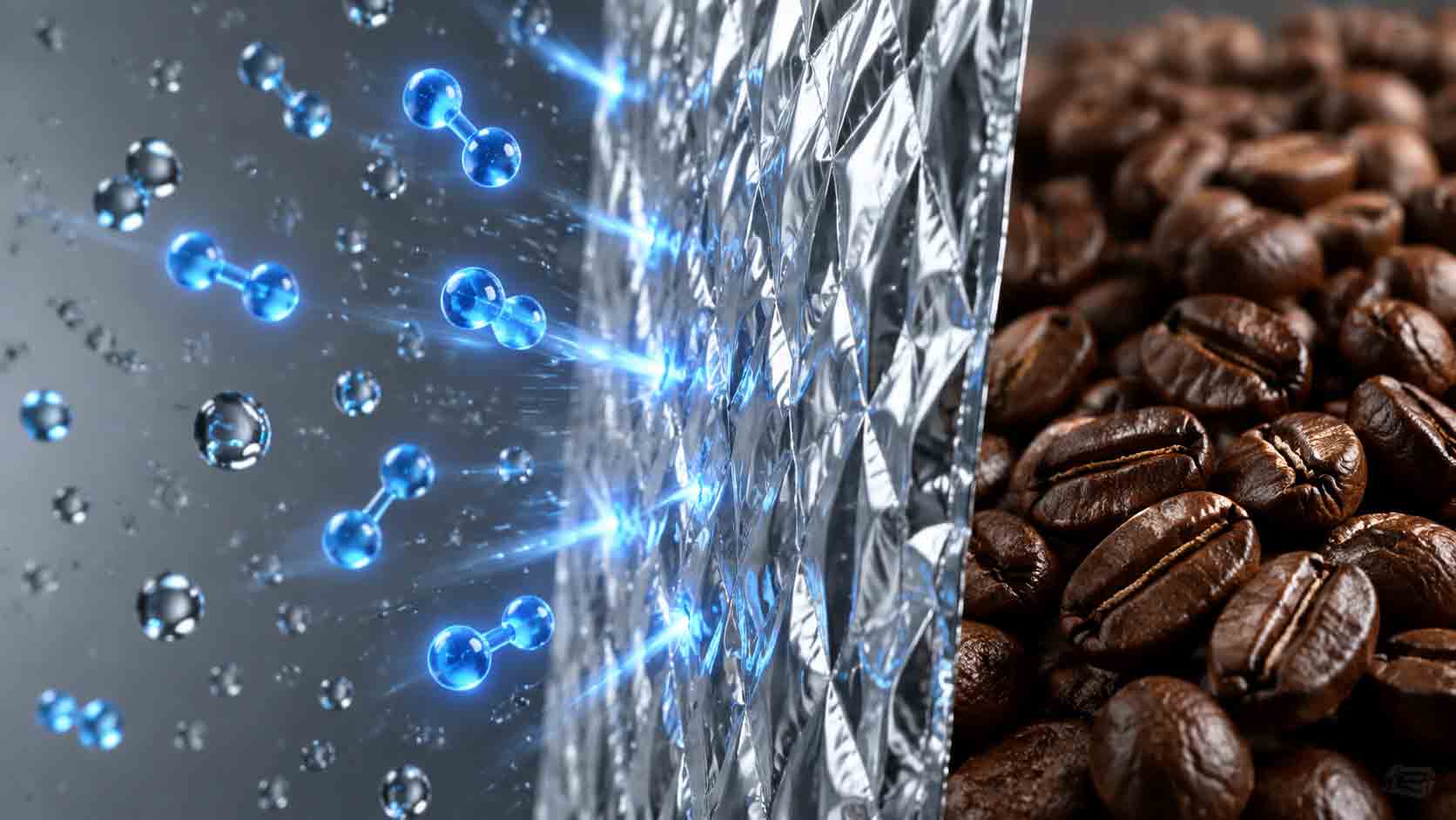 High barrier coffee packaging material blocking oxygen and moisture from coffee beans.