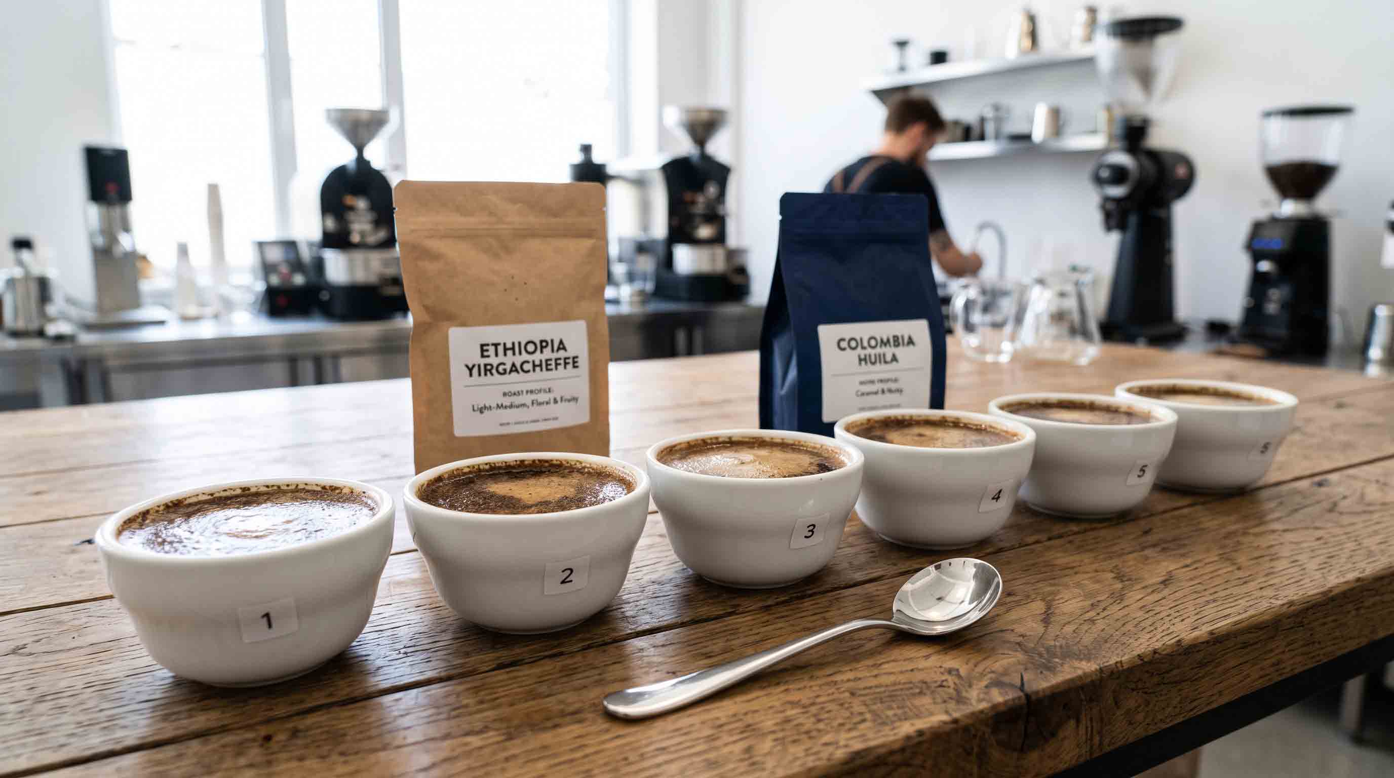 Professional blind cupping test to evaluate coffee beans shelf life.