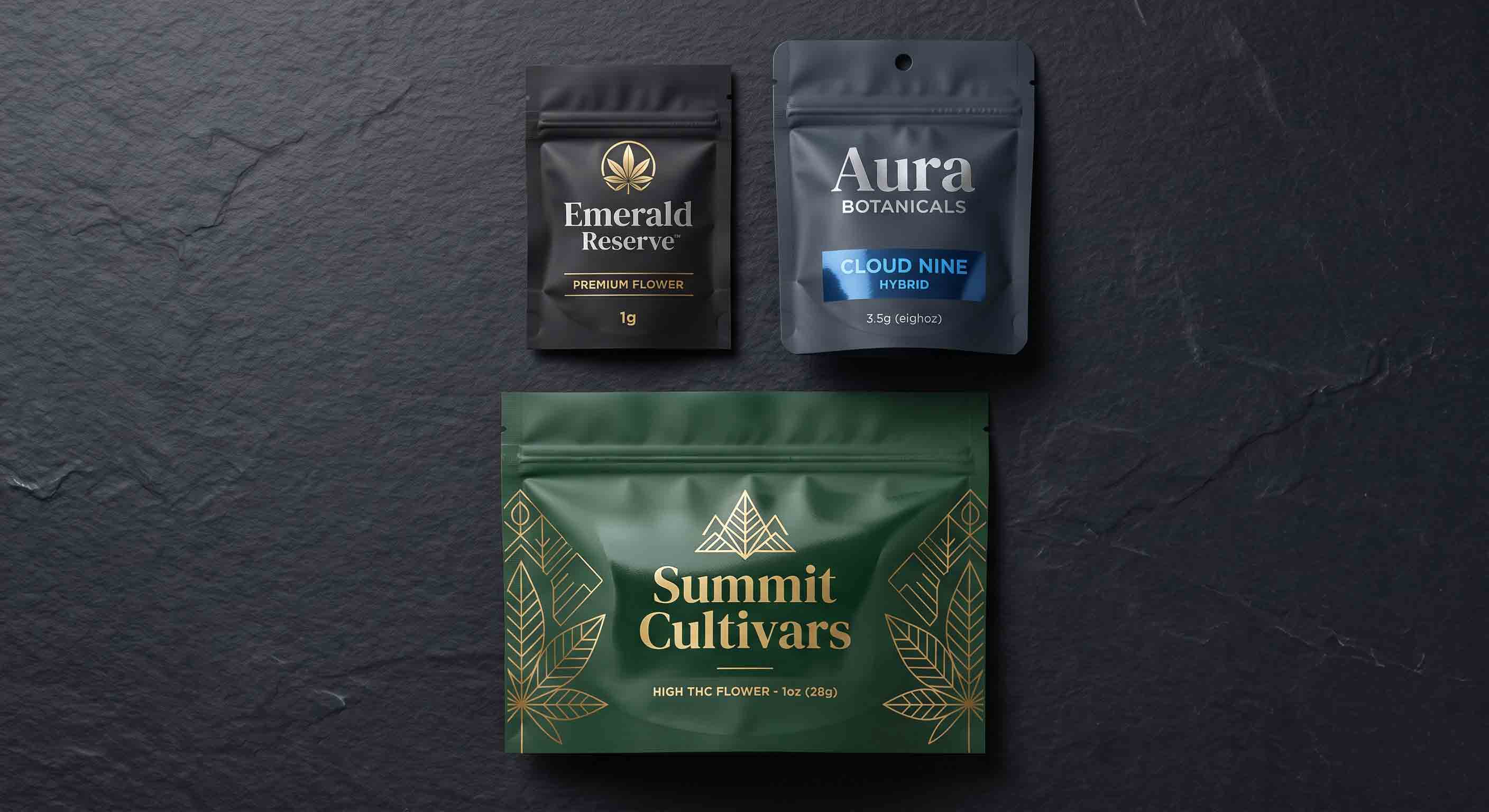Various sizes of cannabis mylar packaging bags including eighths and ounces