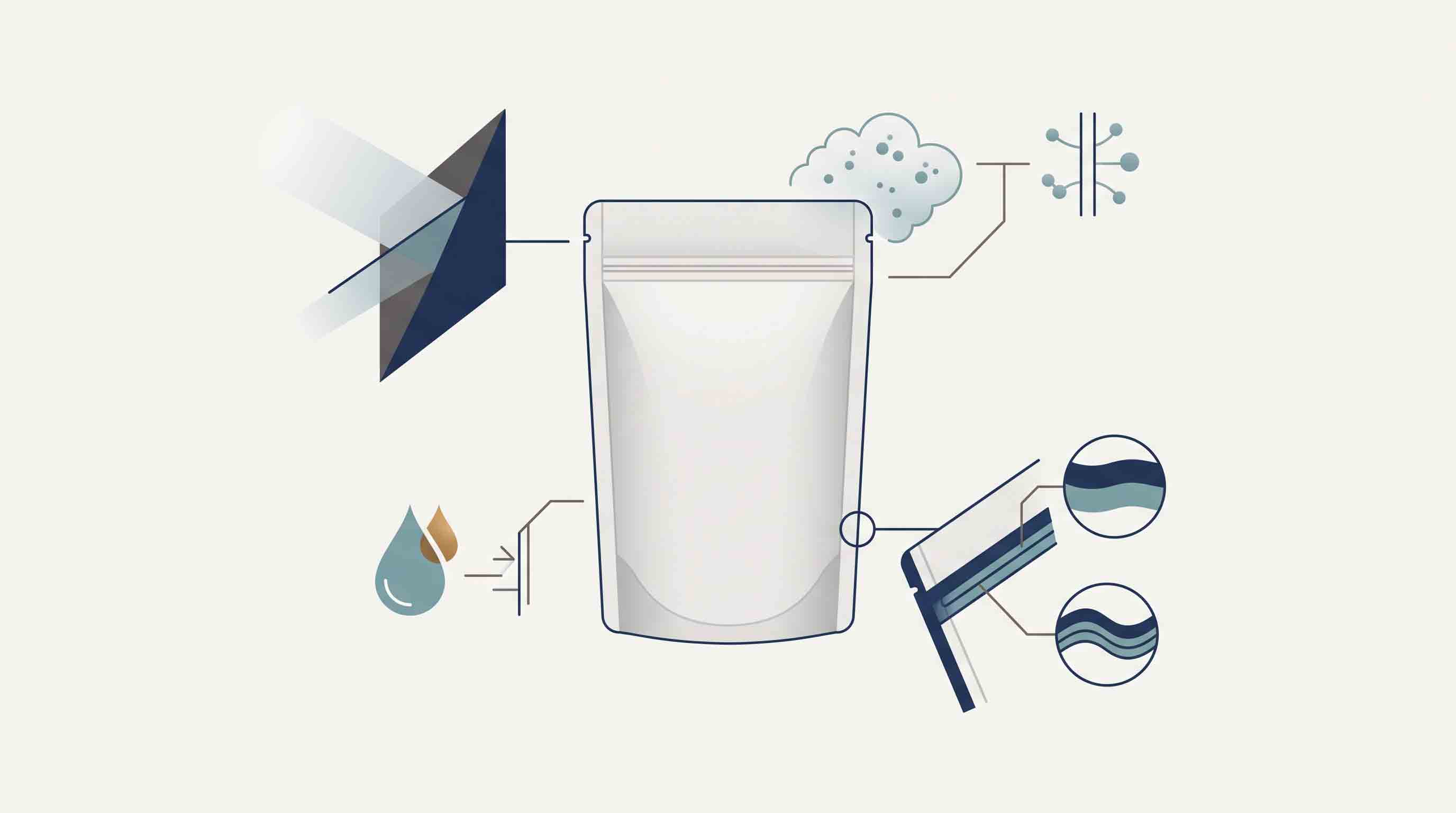 Conceptual diagram of light, air, moisture and package-closure considerations around a generic pouch.