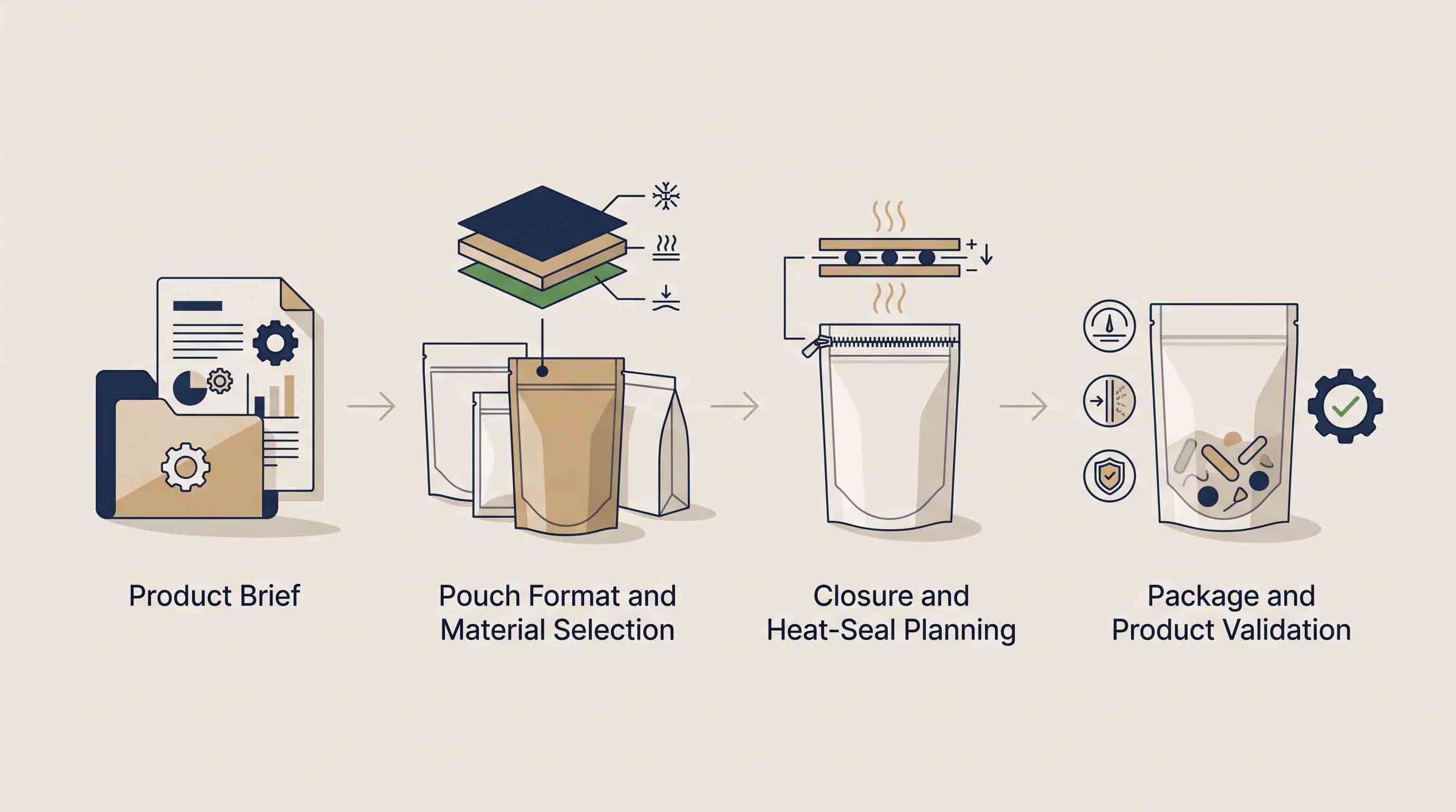 Generic pouch specification workflow from product brief to validation.