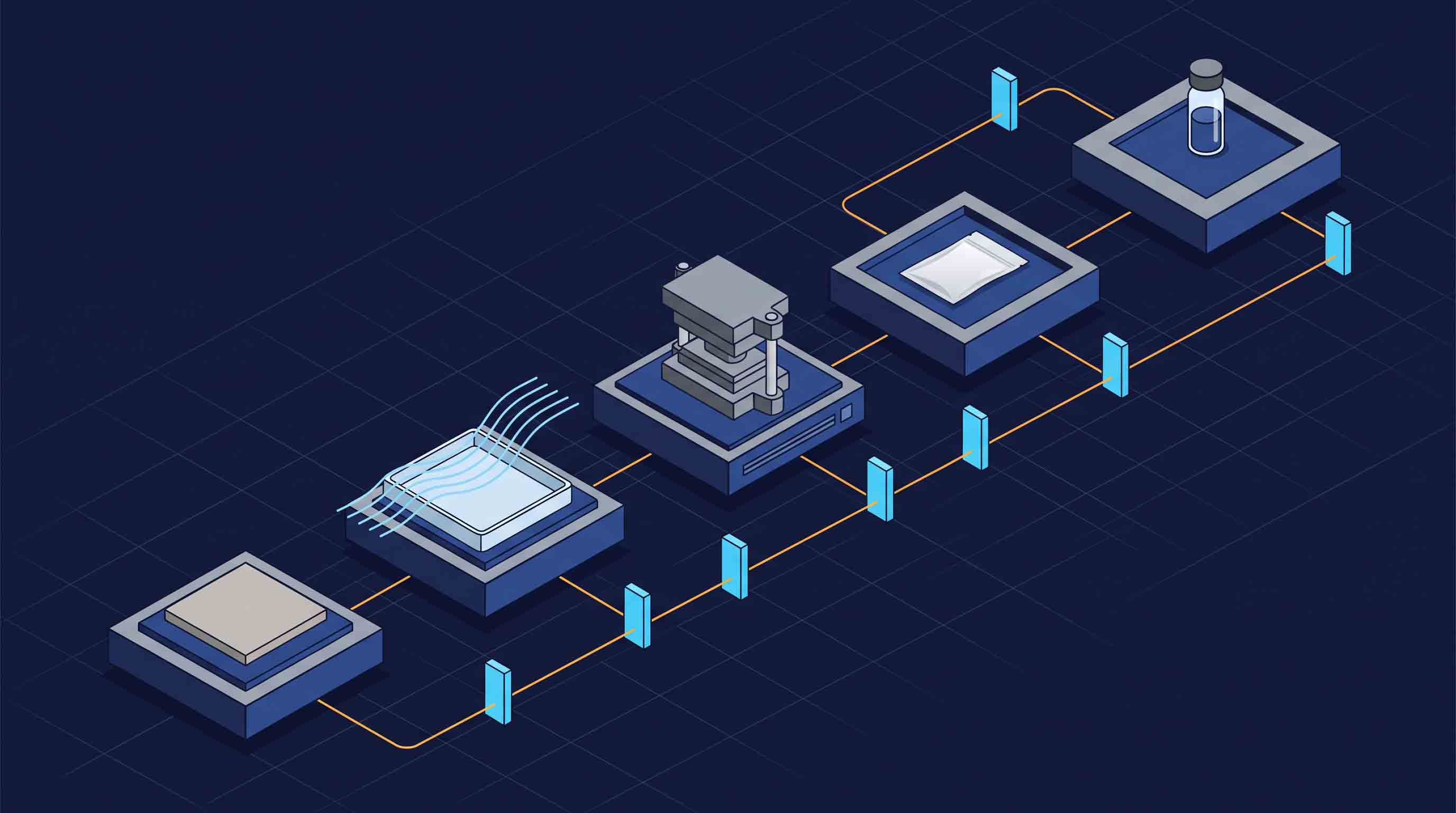 Isometric five-station quality-control map showing product condition, handling, sealing, package review, and qualified testing
