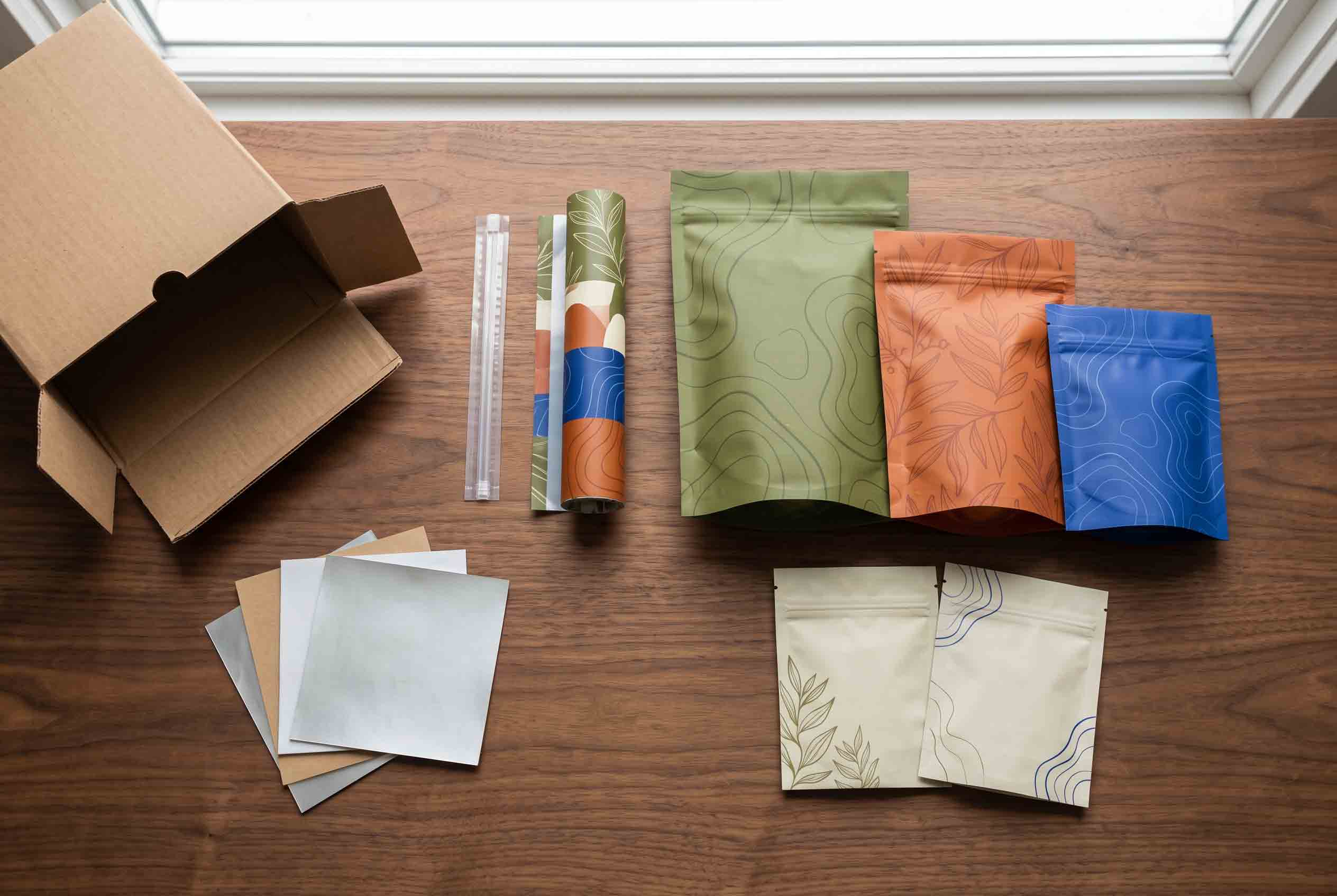 An assortment of unbranded cannabis pouch samples arranged by size and format on a planning table.