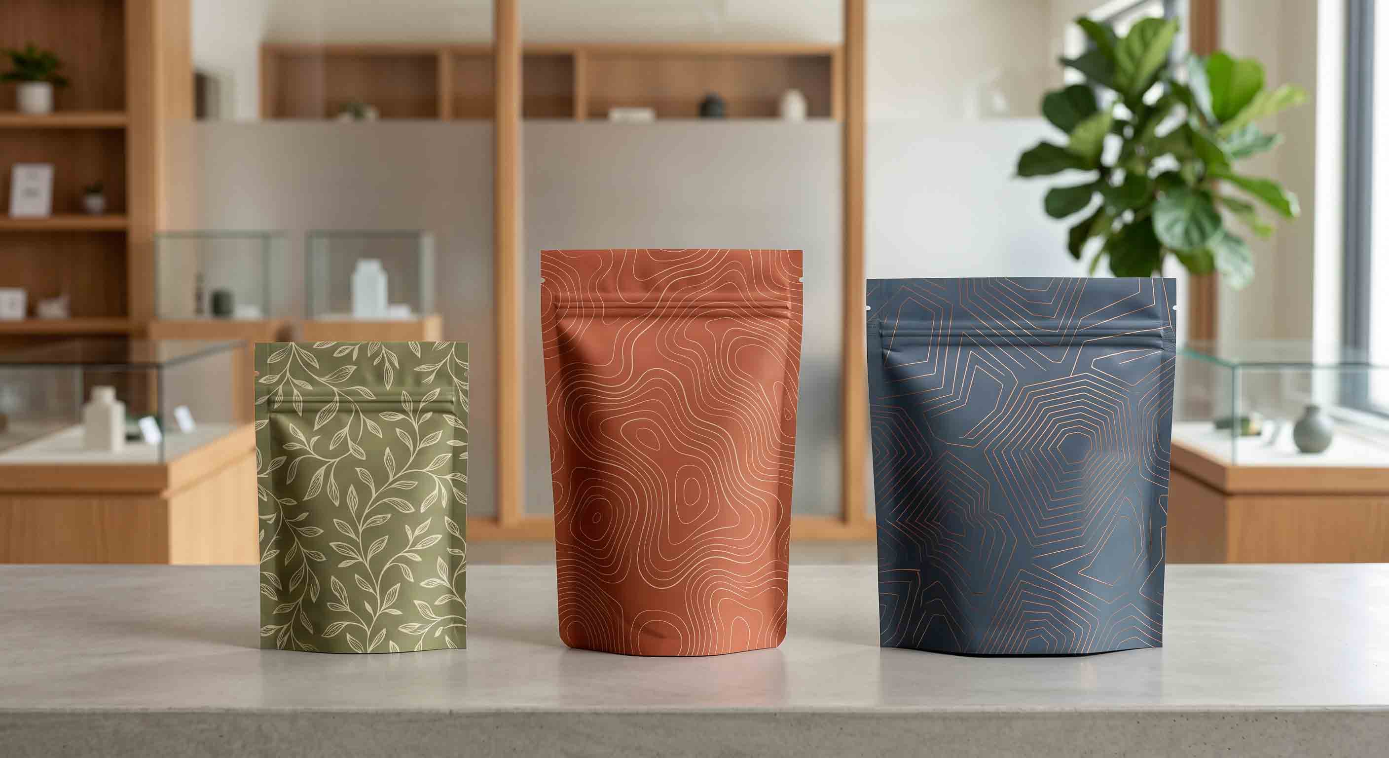 Three unbranded cannabis pouch formats with visible resealable-closure and sealed-top details.