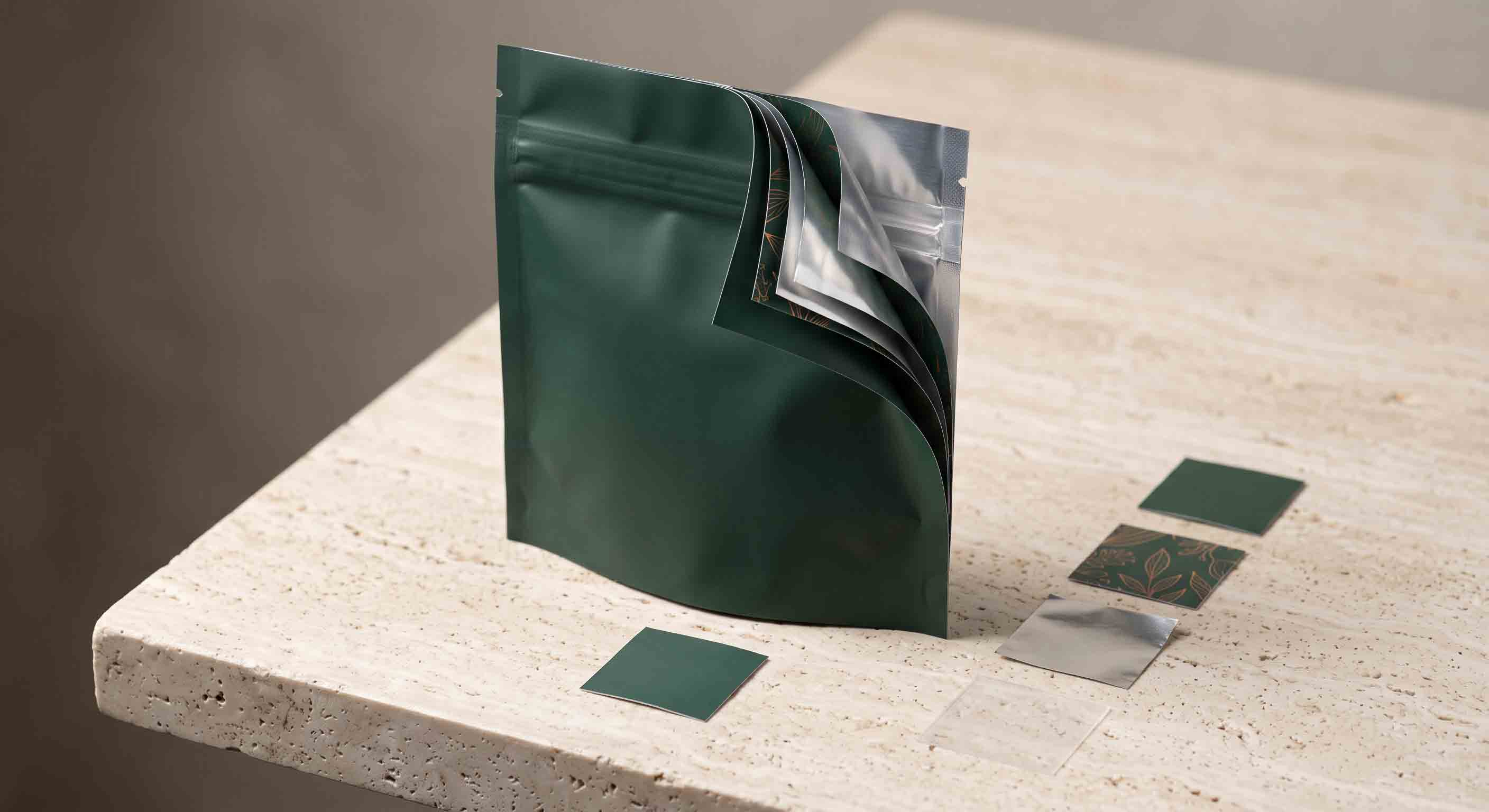 A close-up of unbranded cannabis pouch samples with visible flexible-packaging material layers.