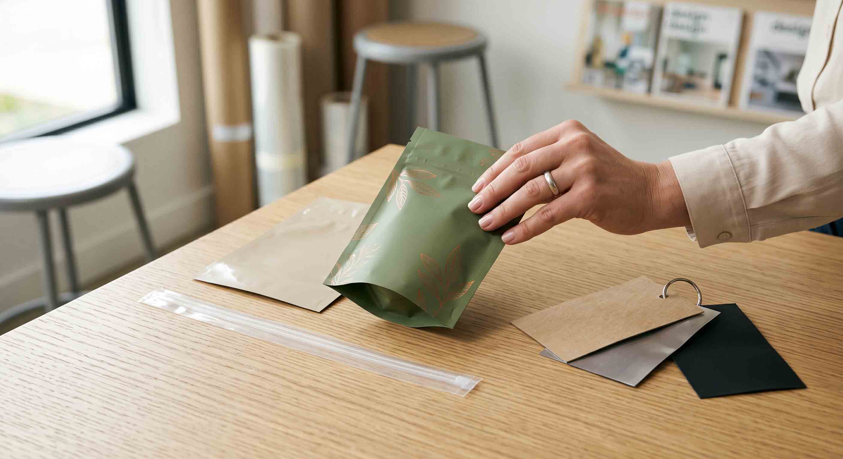 An unbranded cannabis pouch sample being reviewed with material swatches and packaging components.