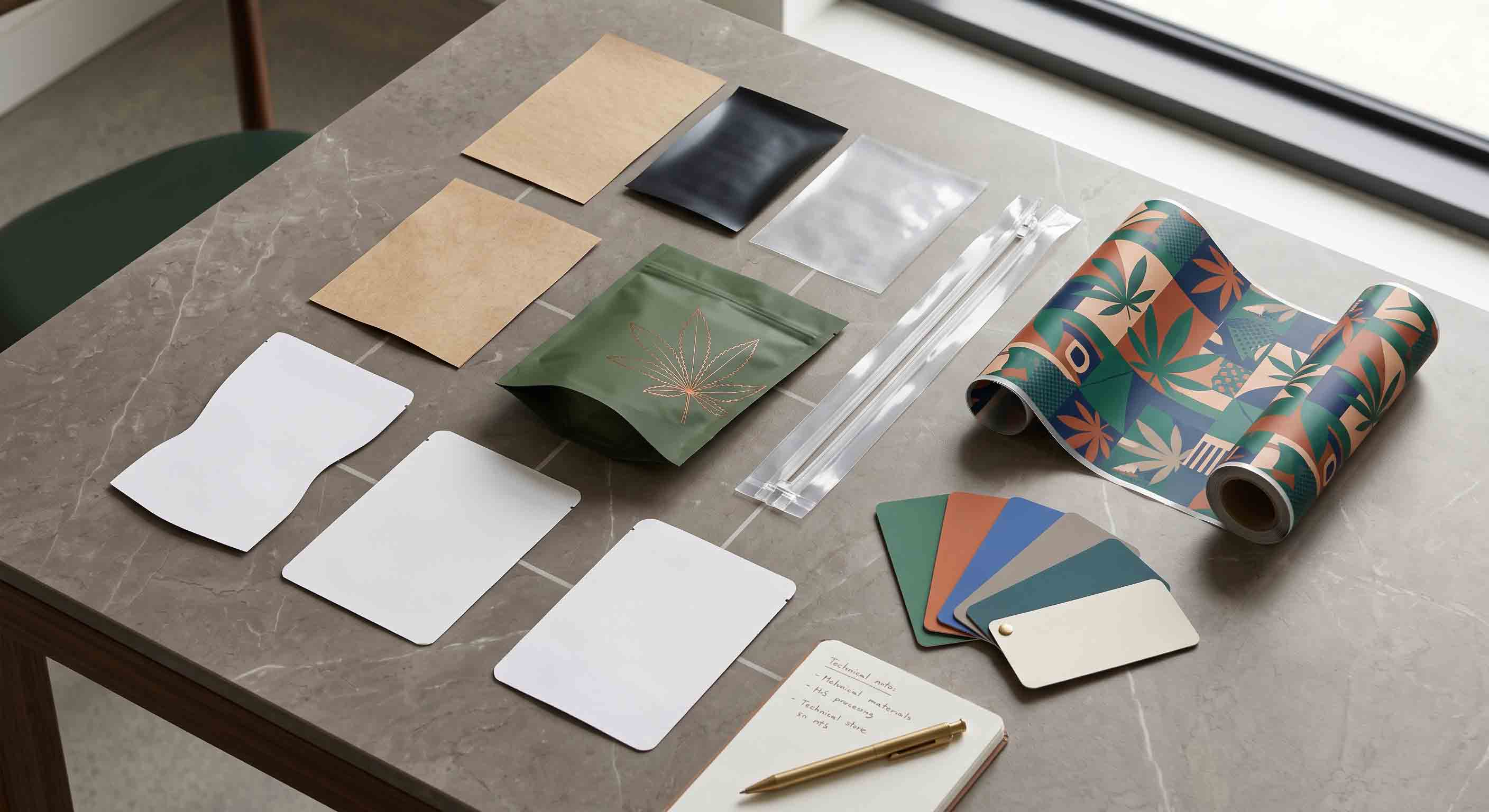 Three unbranded cannabis pouch samples with material and colour swatches on a packaging-planning table.