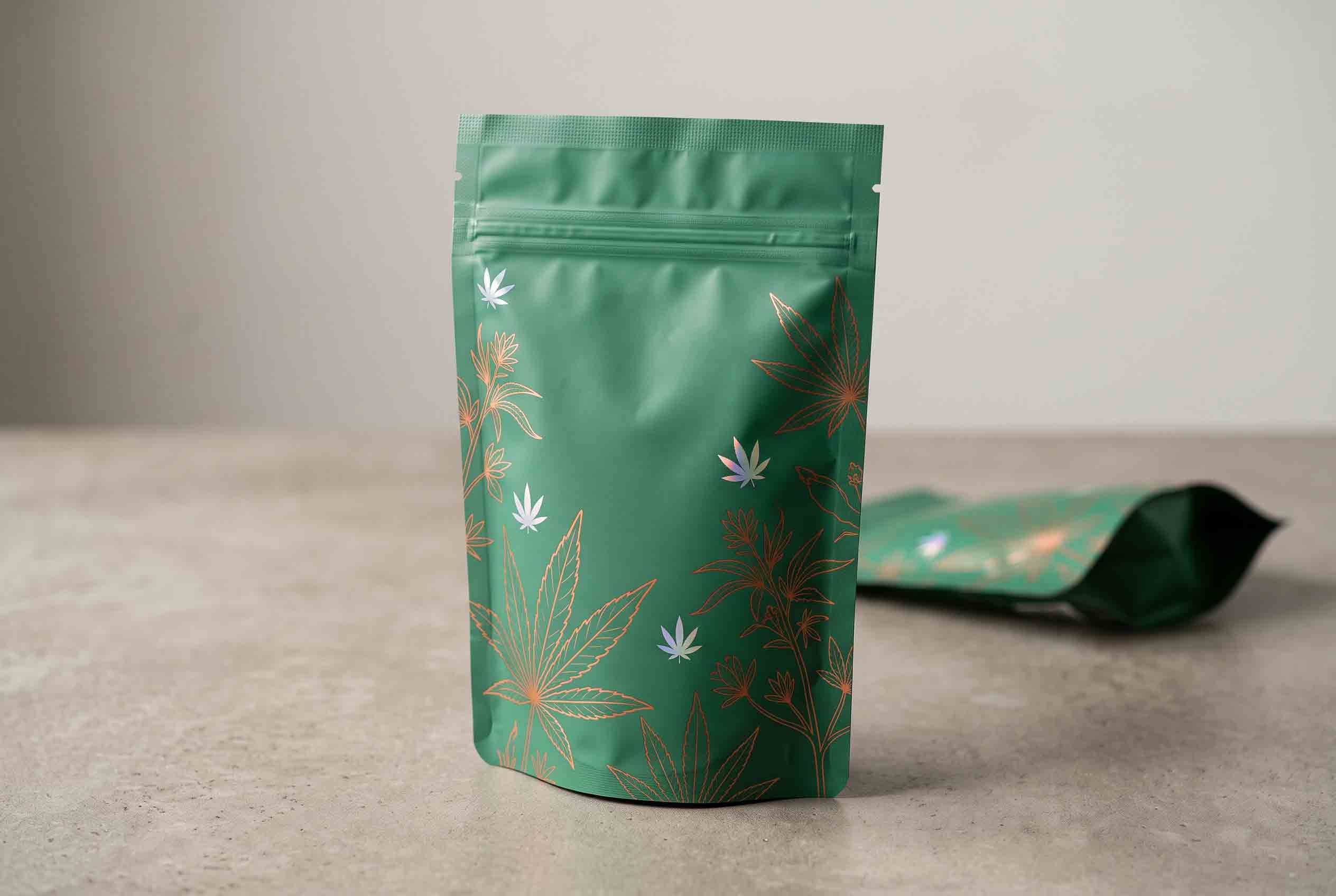 A cannabis pouch upper section with an integrated press-to-close closure below the sealed top edge.