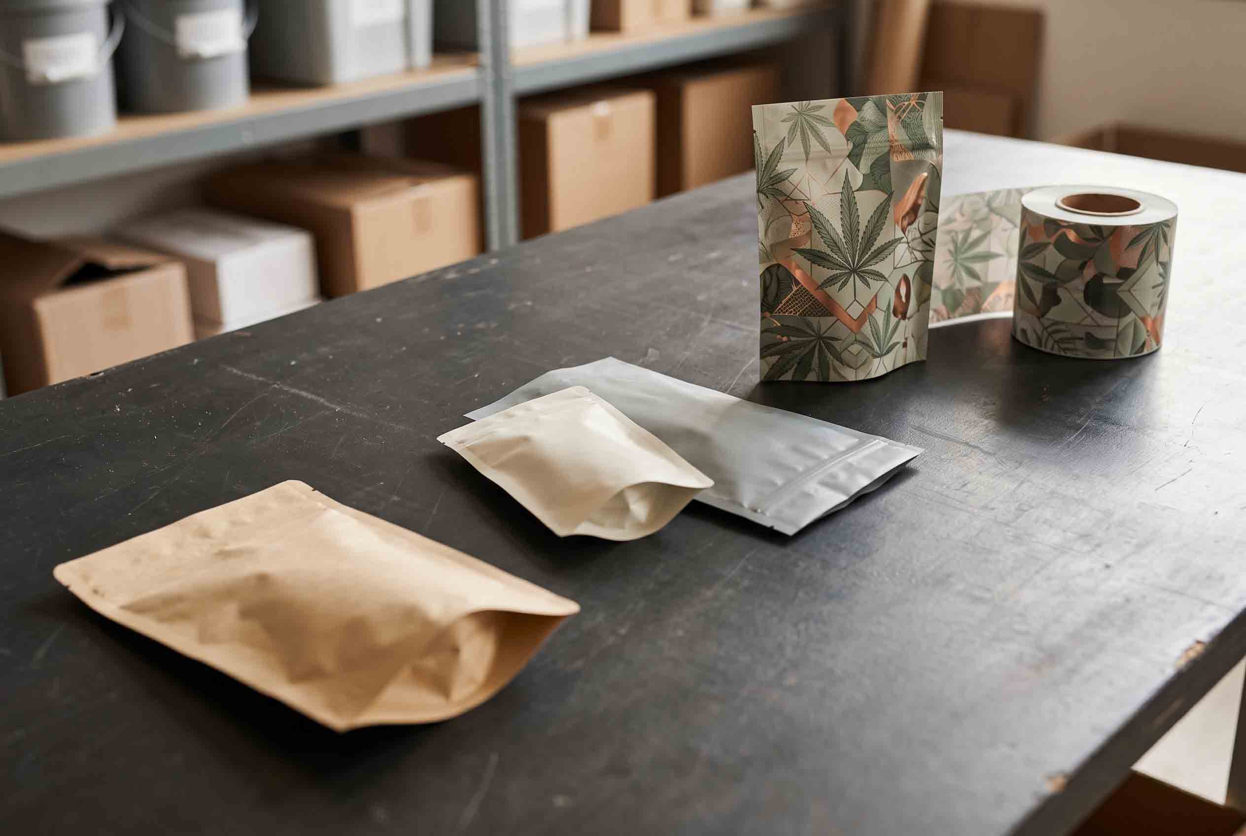 Three unbranded pouch sourcing options arranged on a packaging workbench.