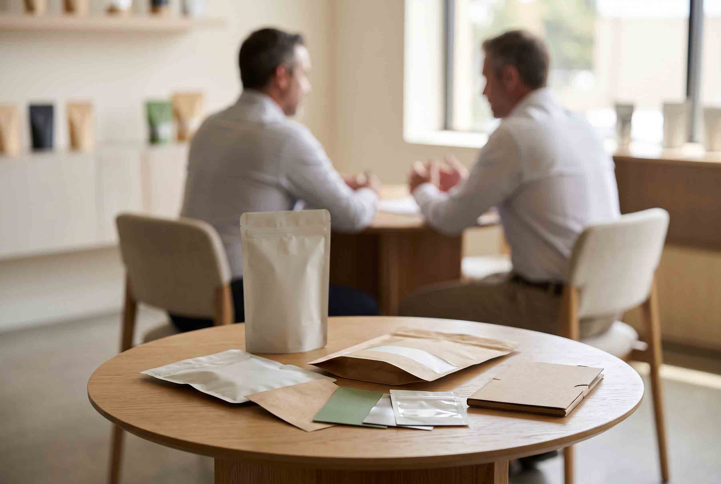 Unbranded pouch samples and material references on a packaging consultation table.
