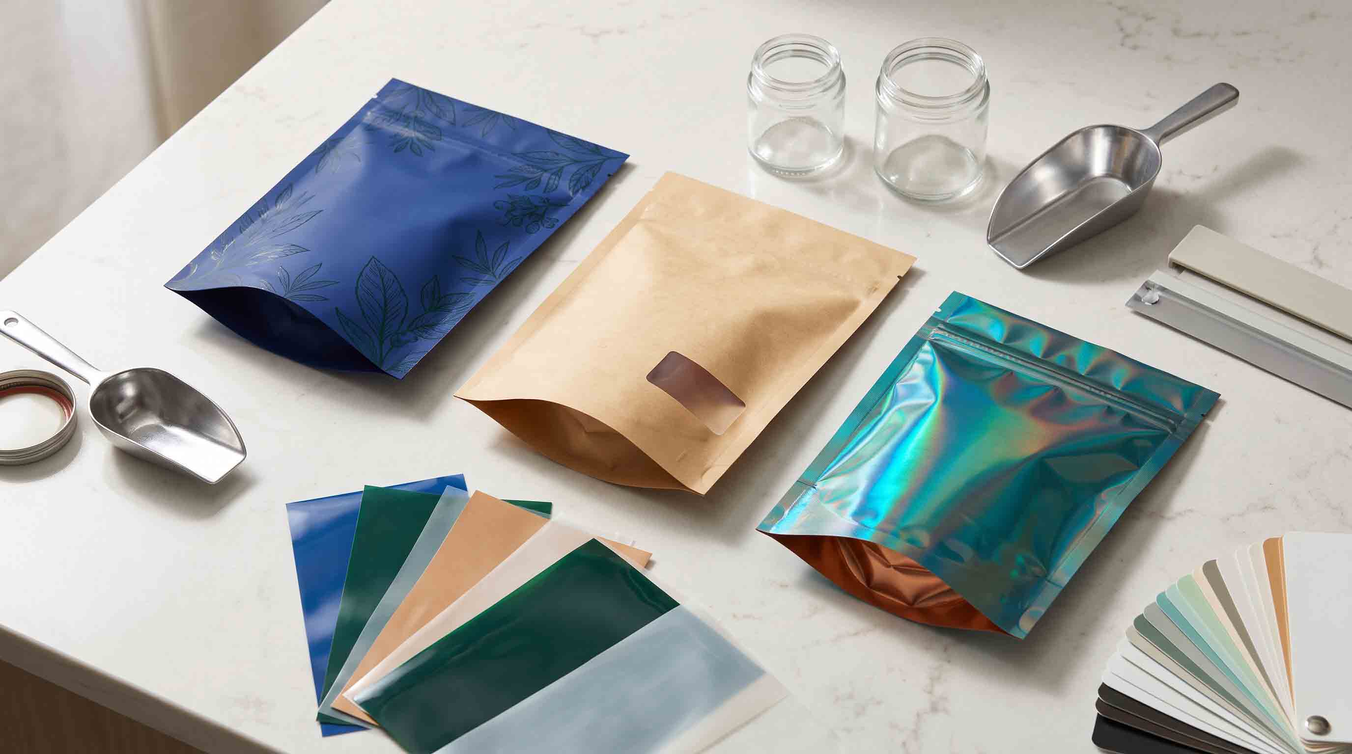 Unbranded cannabis pouch samples, flexible-material swatches, and a filling sample arranged for a packaging material review.