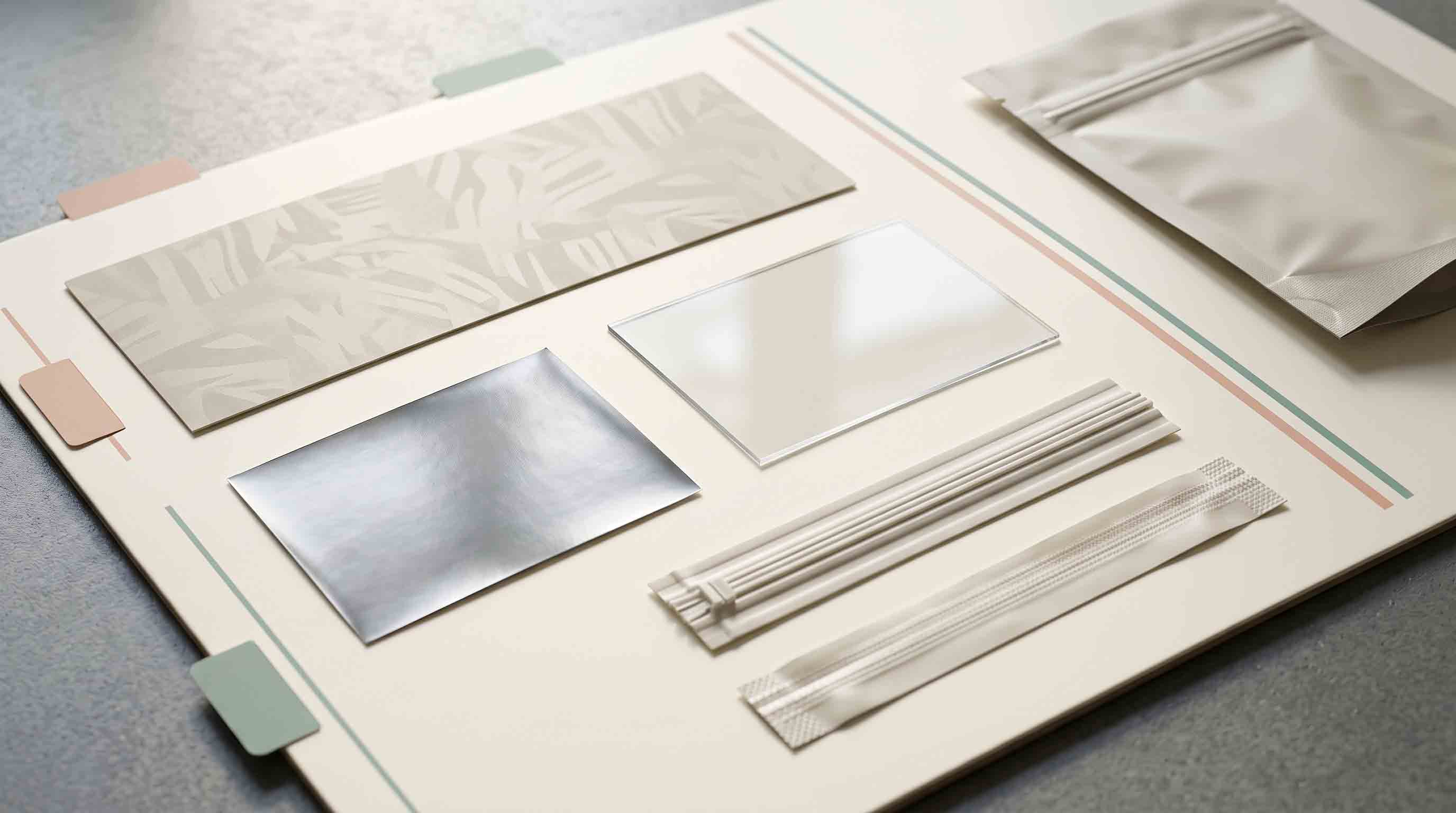 Material, clear-window, and closure samples arranged for specification discussion.