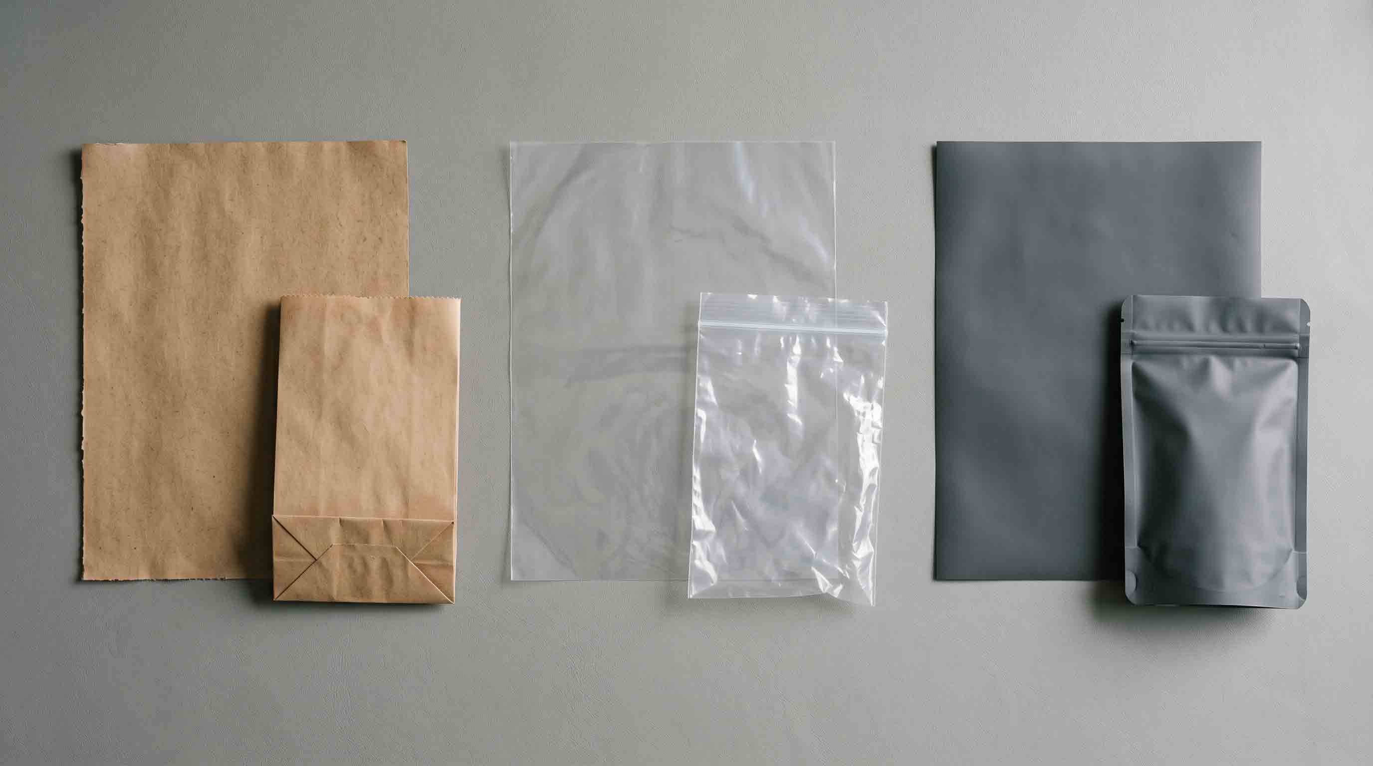 Paper, clear plastic, and opaque flexible packaging shown as different starting formats.