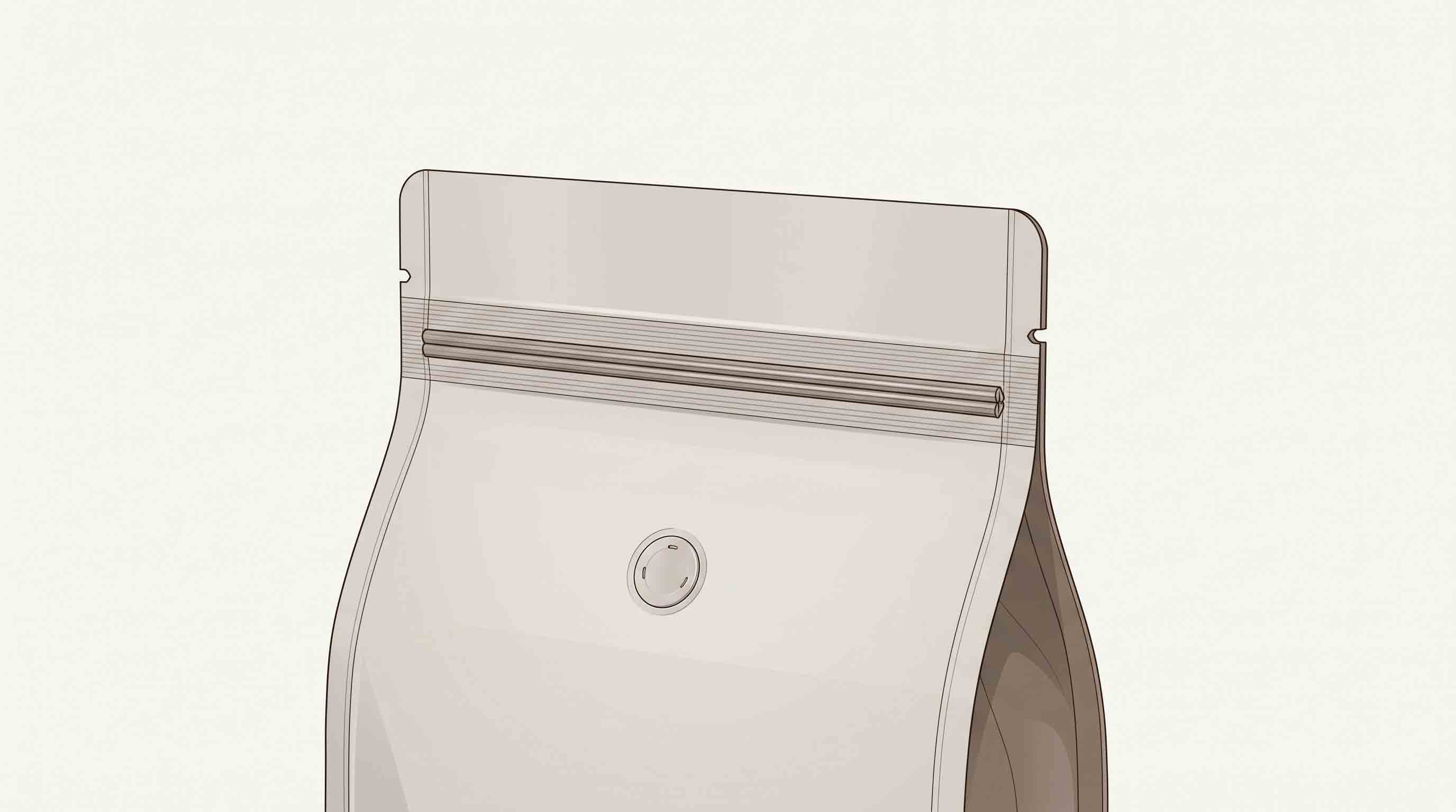 Illustrative diagram showing a top seal, tear notch, press-to-close zipper, and valve on a coffee pouch