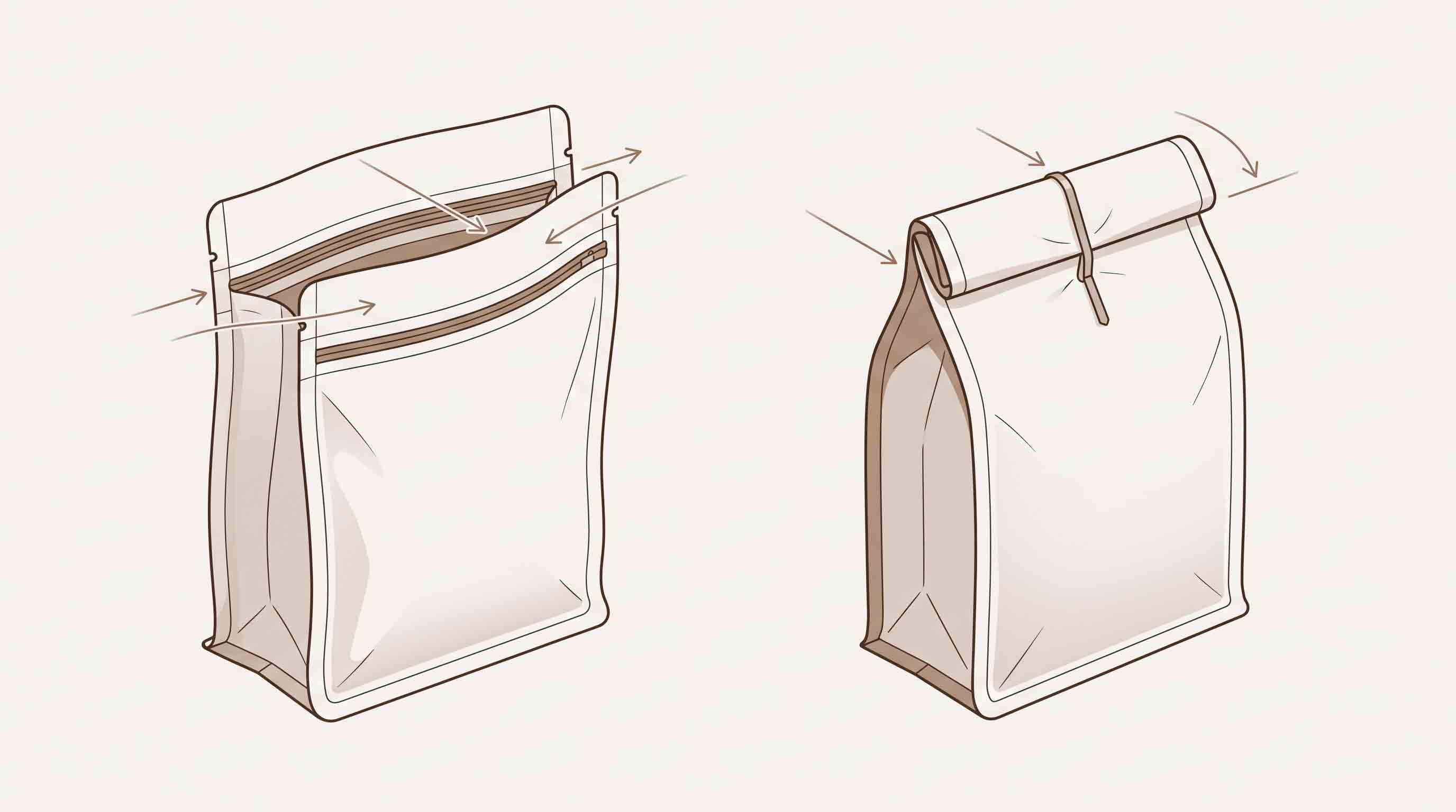 Illustrative comparison of press-to-close zipper and fold-top coffee-bag resealing paths