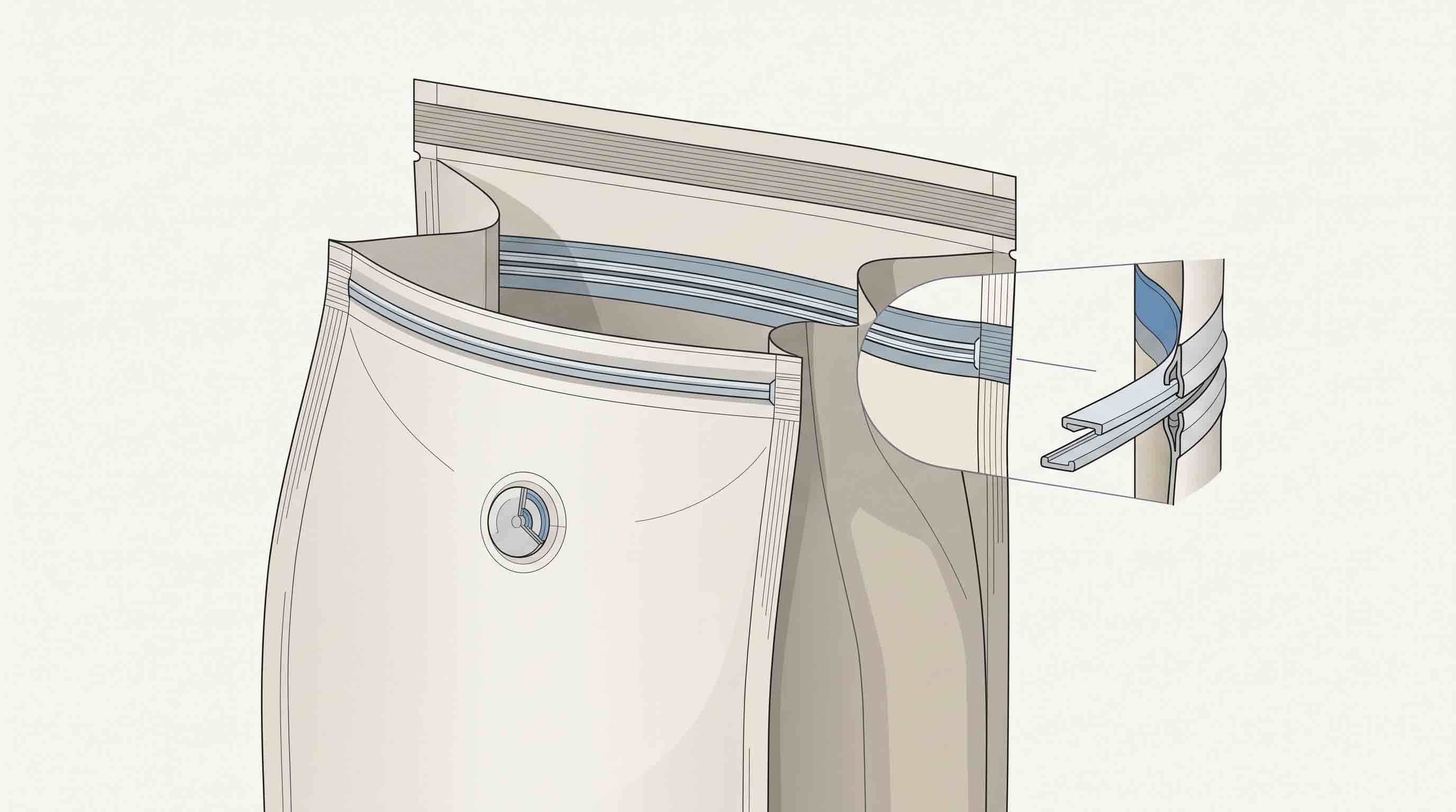 Illustrative diagram showing a first top heat-seal band above a press-to-close zipper on a coffee pouch