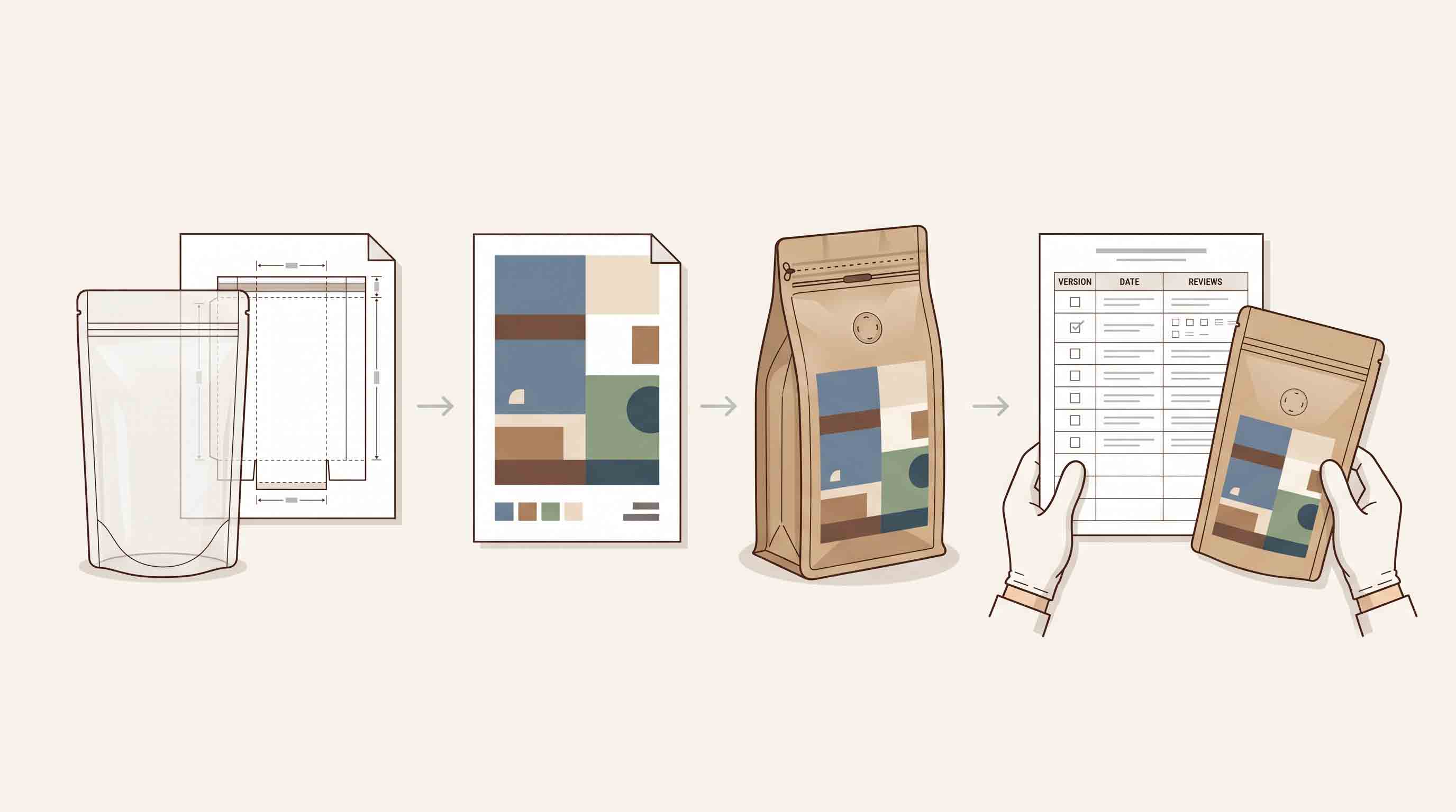 Illustrative workflow linking pouch specification, artwork version, and sample record