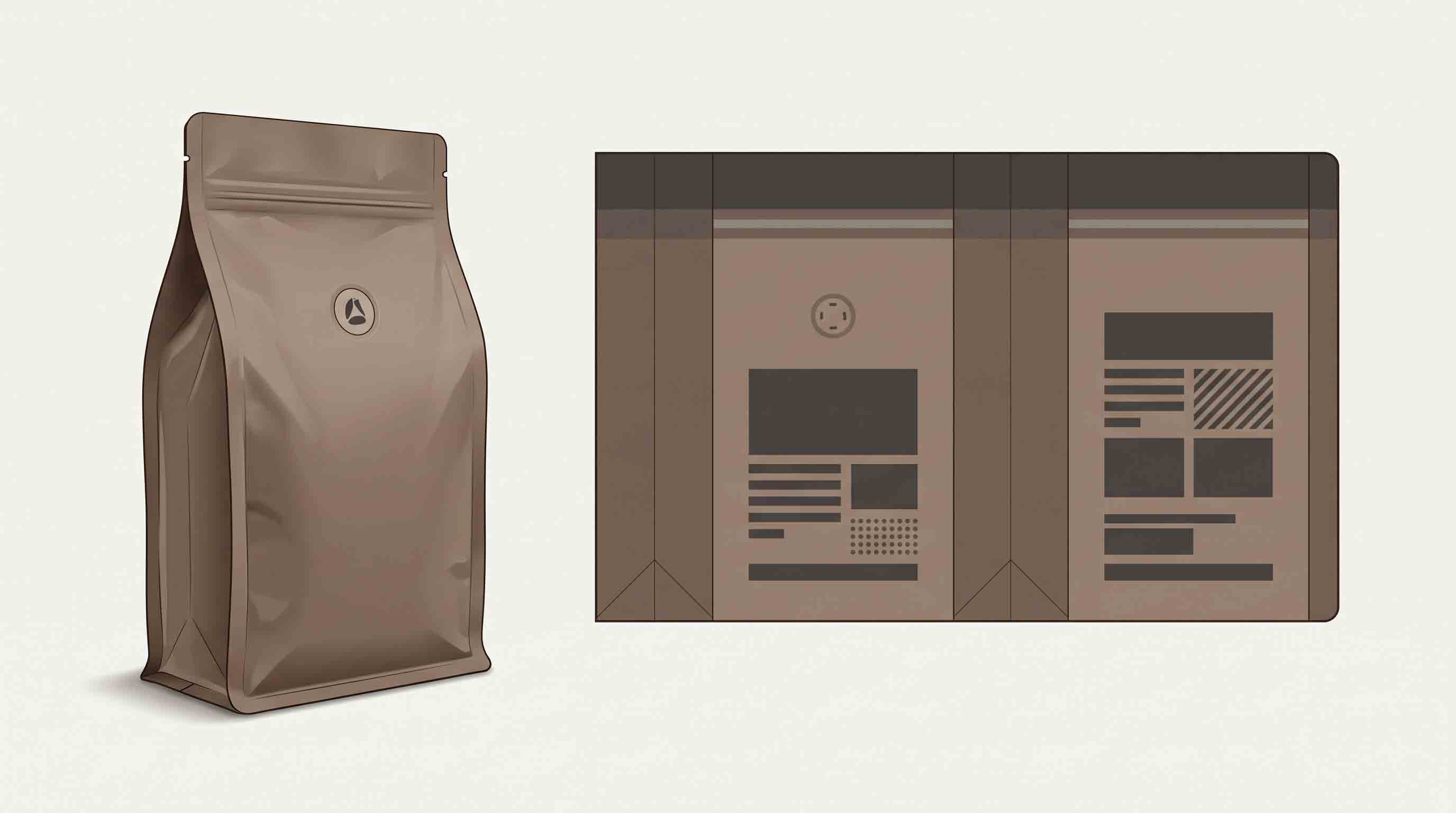 Illustrative flat-bottom pouch layout showing artwork and feature areas
