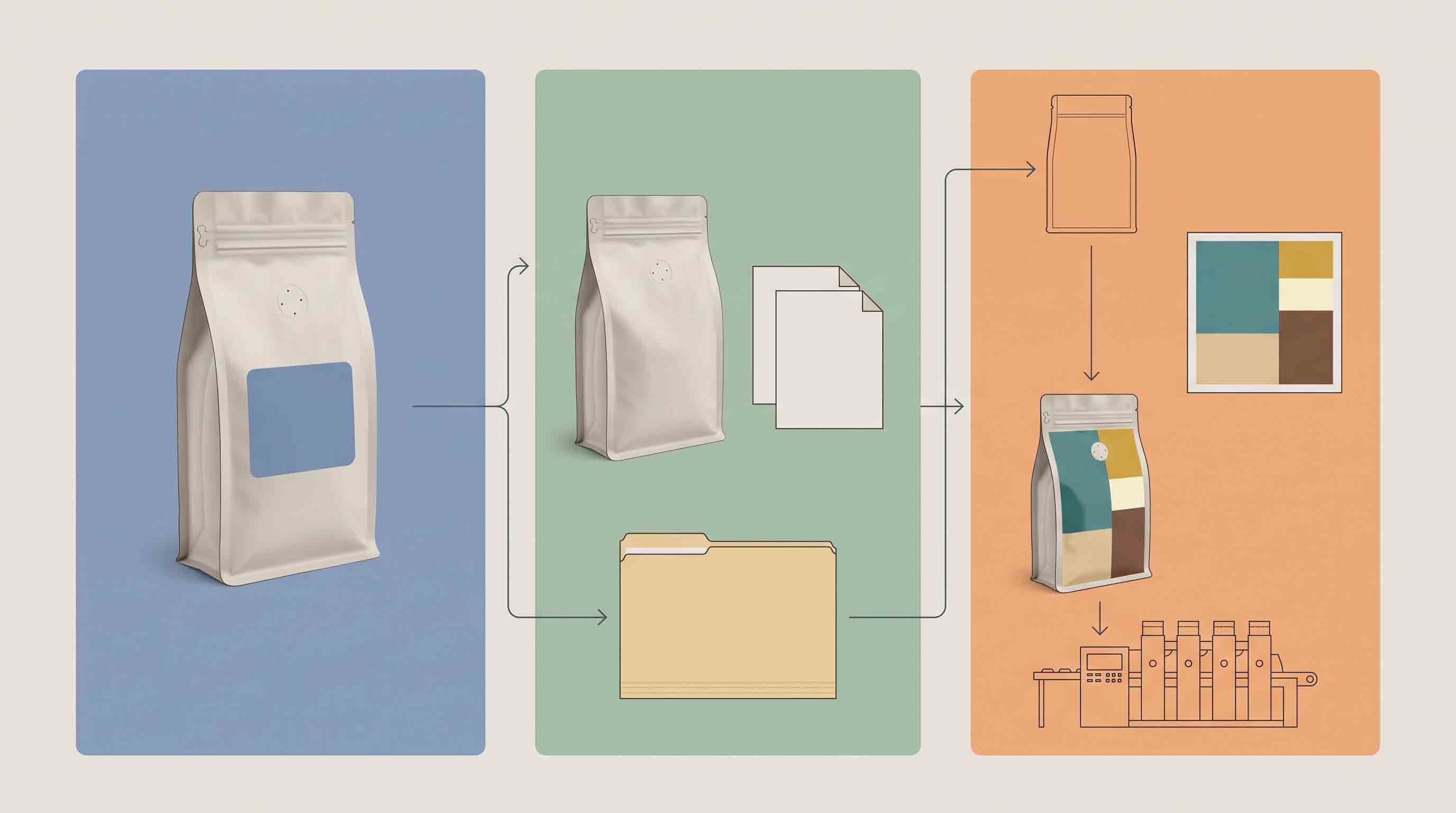 Illustrative comparison of stock-bag, reseller, and custom-pouch sourcing paths