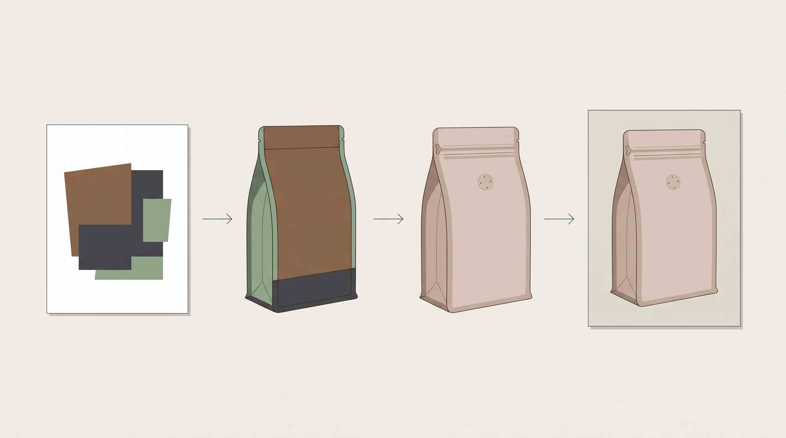 Illustrative workflow linking artwork, pouch specification, and sample review