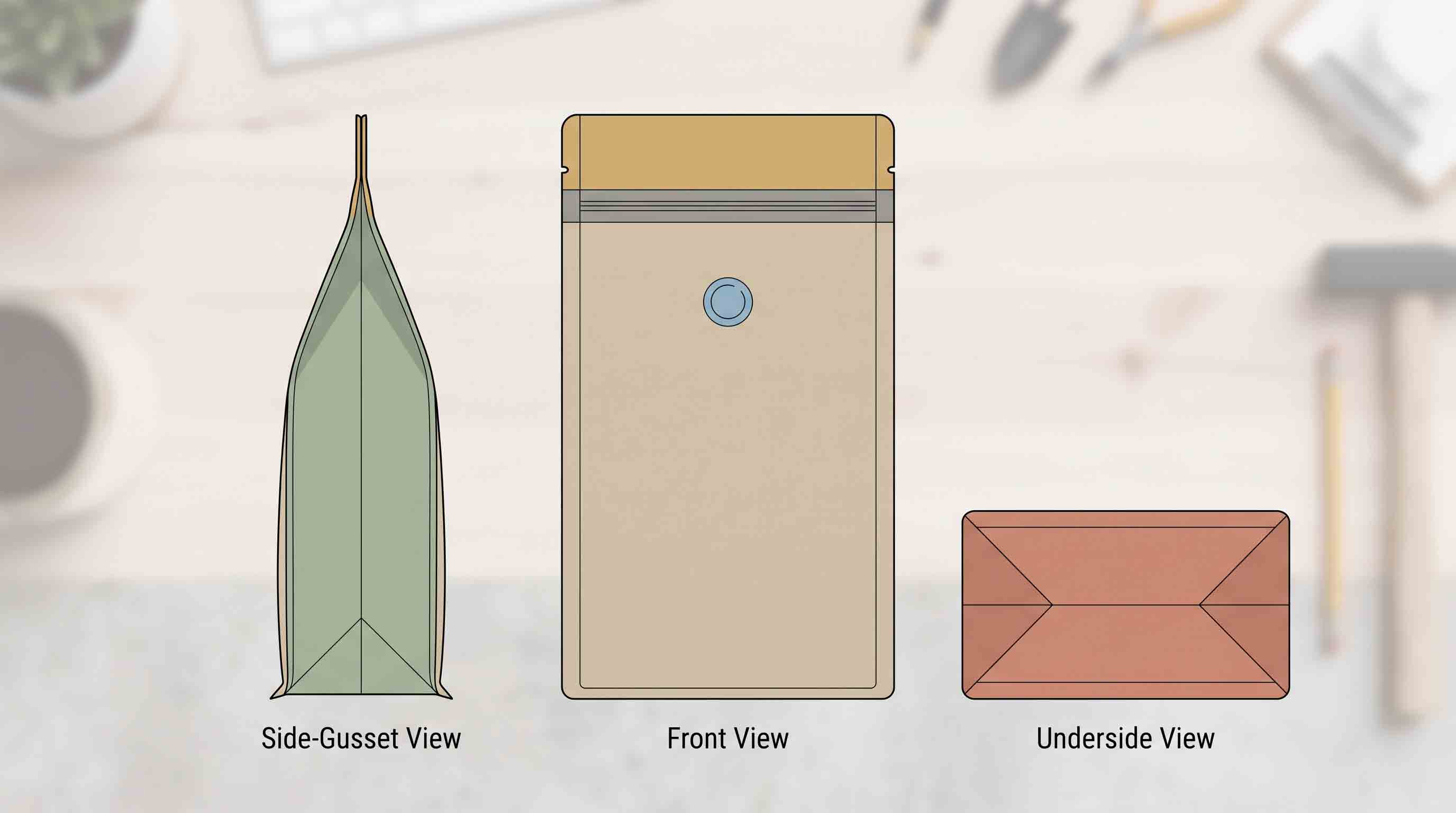 Illustrative coffee-pouch artwork layout map with panel and feature zones