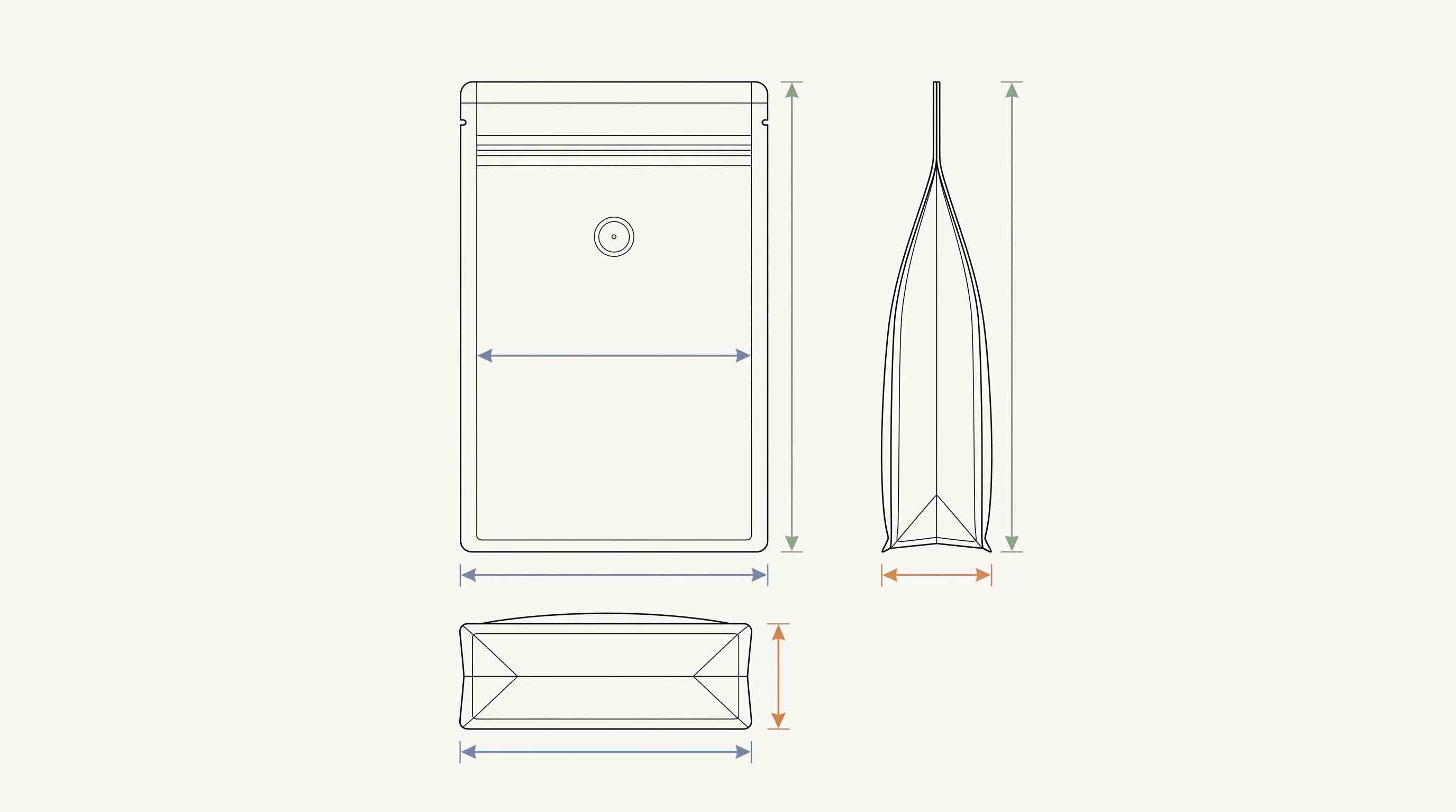 Illustrative flat-bottom coffee-pouch dimension map