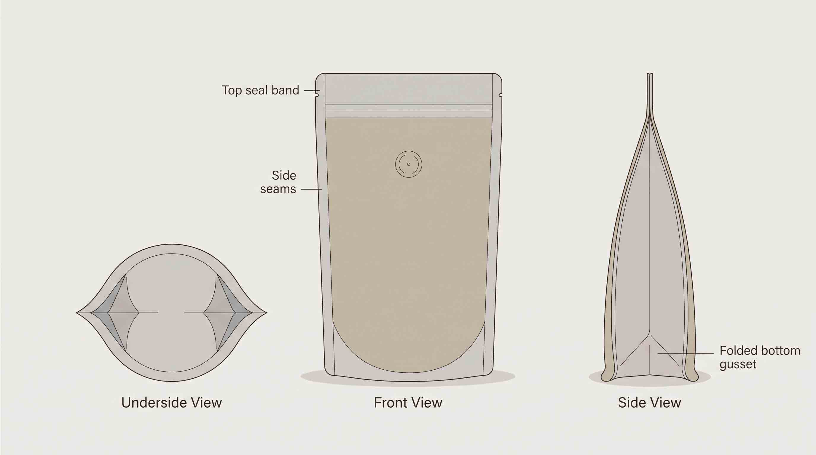 Illustrative stand-up coffee-pouch structure with panels, base, and top area