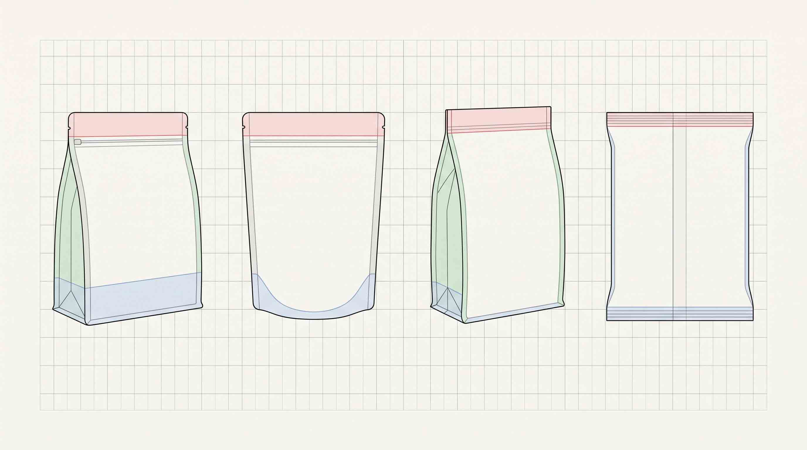 Illustrative comparison of flat-bottom, stand-up, side-gusset, and flat coffee pouch formats