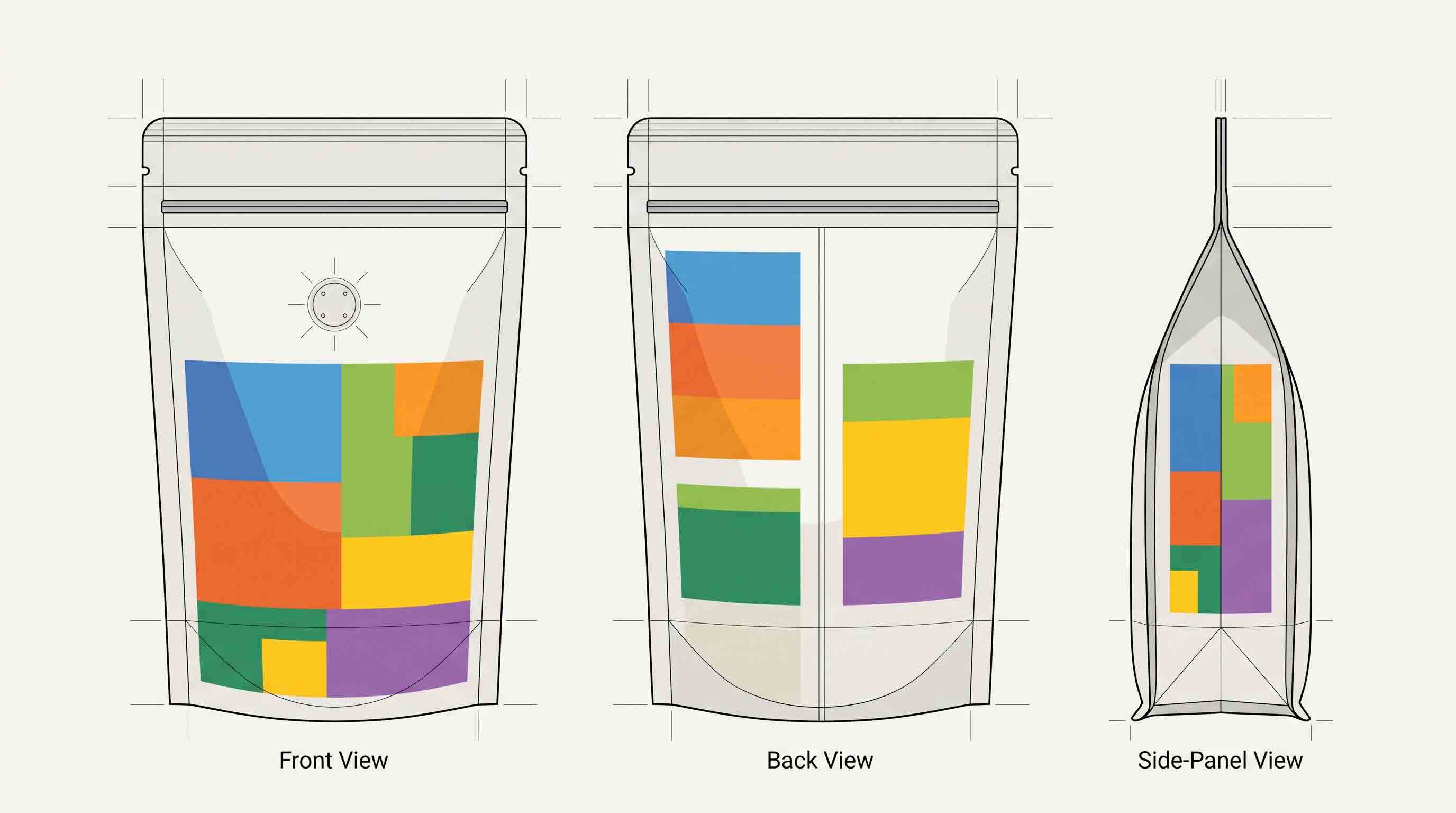 Illustrative coffee-pouch artwork panel map with neutral information zones and no readable label text