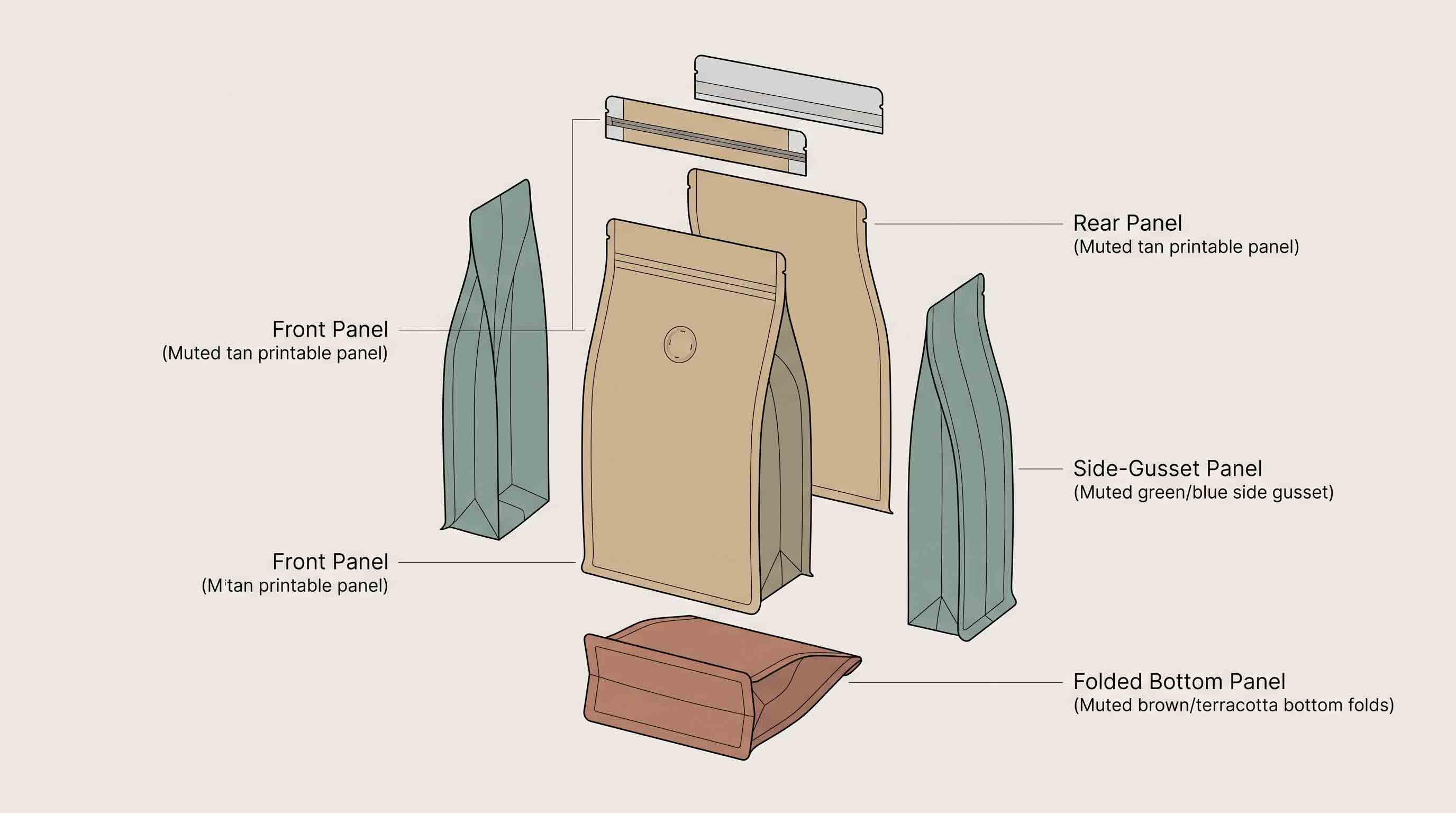 Illustrative coffee-pouch panel layout with front, back, side, bottom, and protected feature areas