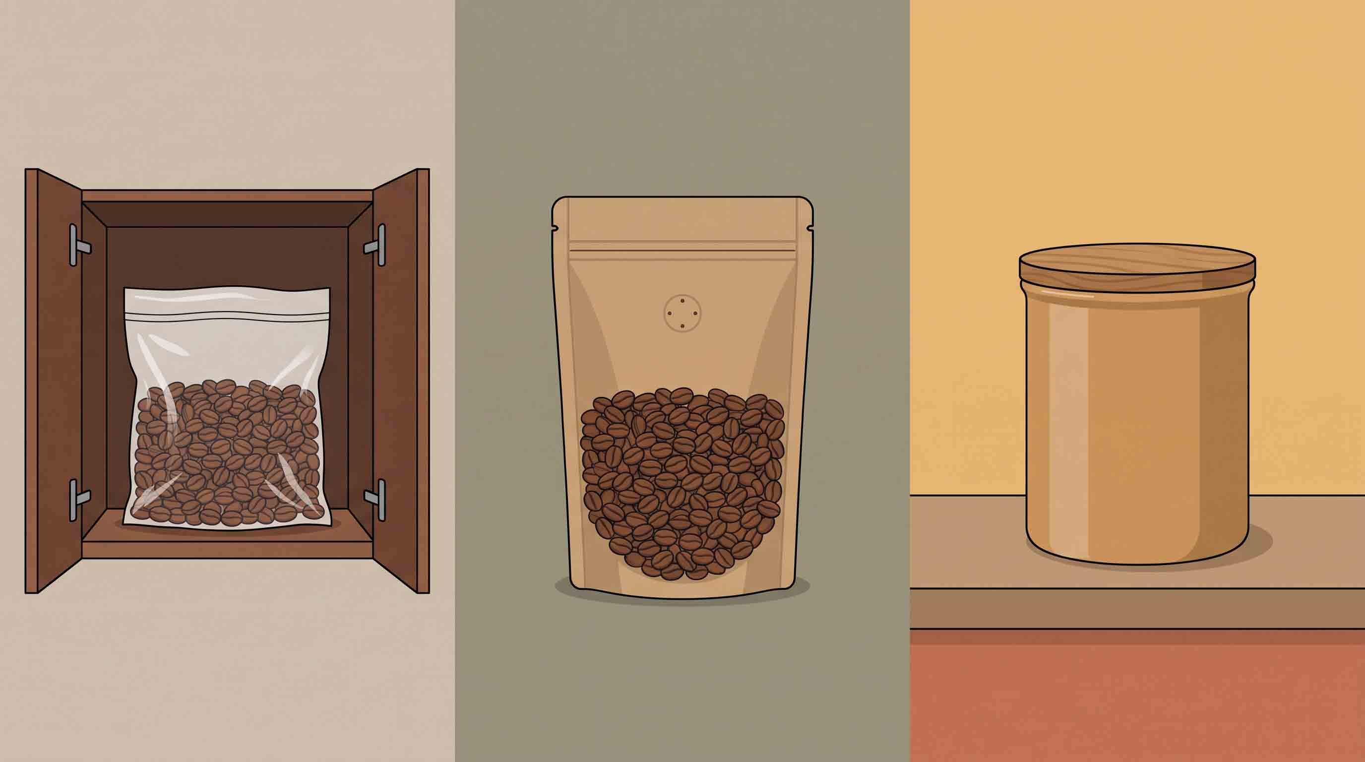 Illustrative comparison of a clear storage bag, a resealable coffee pouch, and an opaque outer container