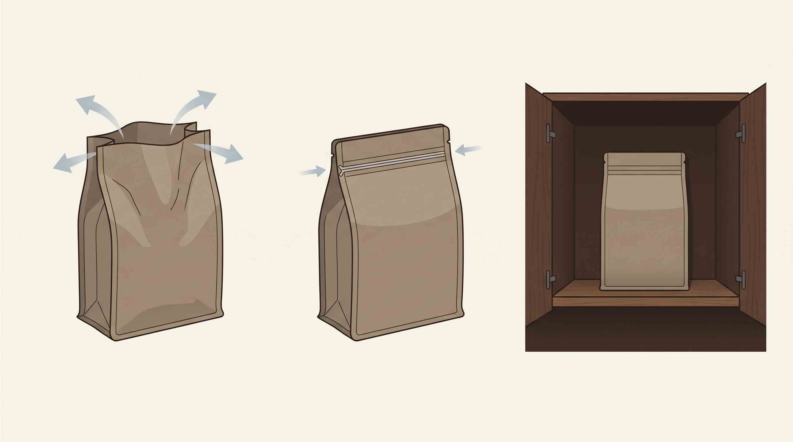 Illustrative after-opening coffee storage routine with gentle air removal, a fully closed zipper, and cupboard storage
