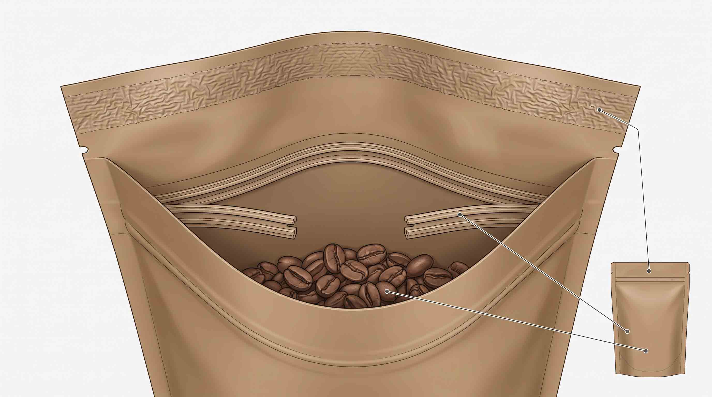Illustrative close-up of a coffee-pouch zipper track kept clear before closure