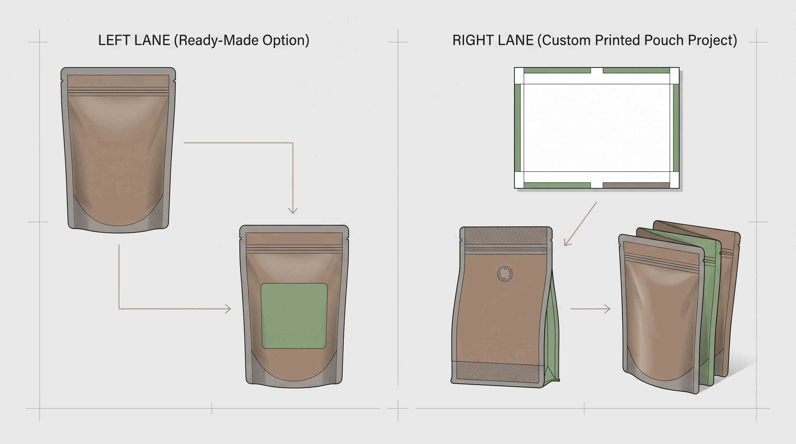 Illustrative comparison of stock and custom coffee-pouch planning paths