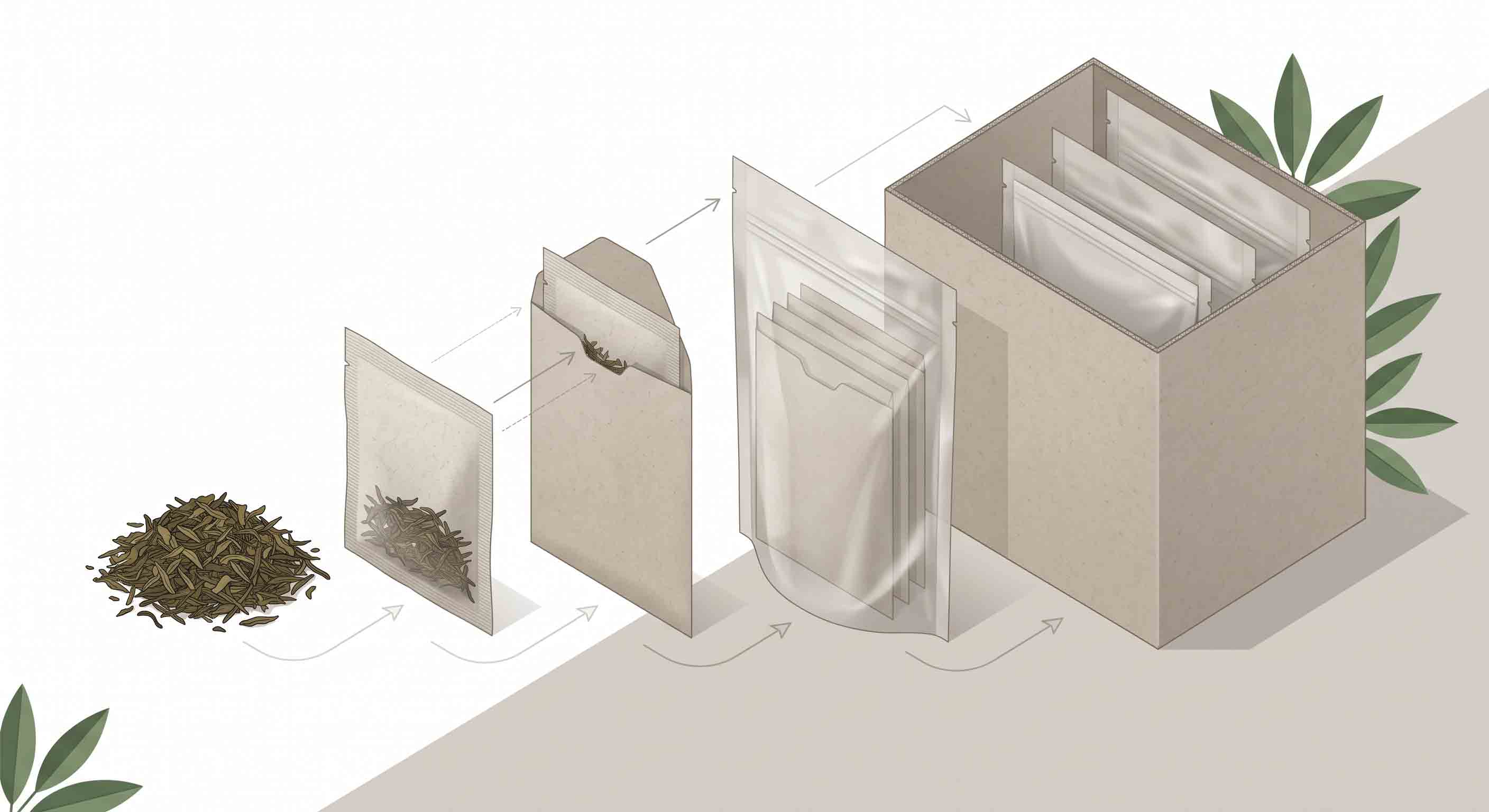 Illustrative technical diagram showing nested tea-packaging layers.