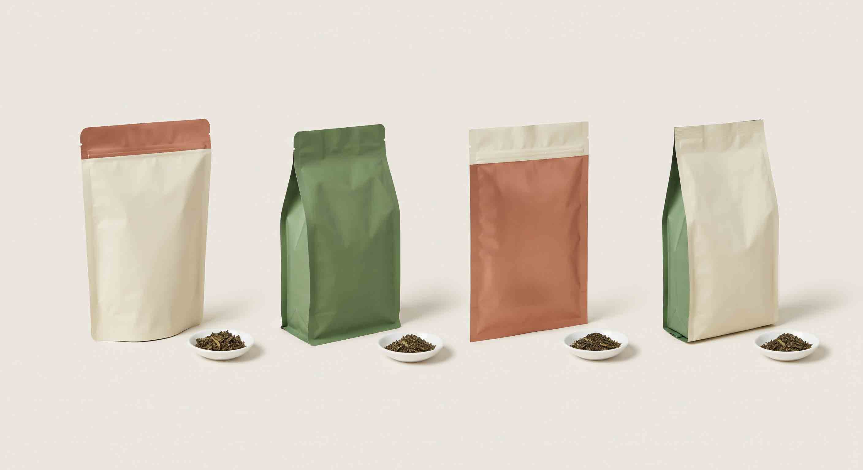 Illustrative technical diagram comparing four loose-leaf tea pouch forms.