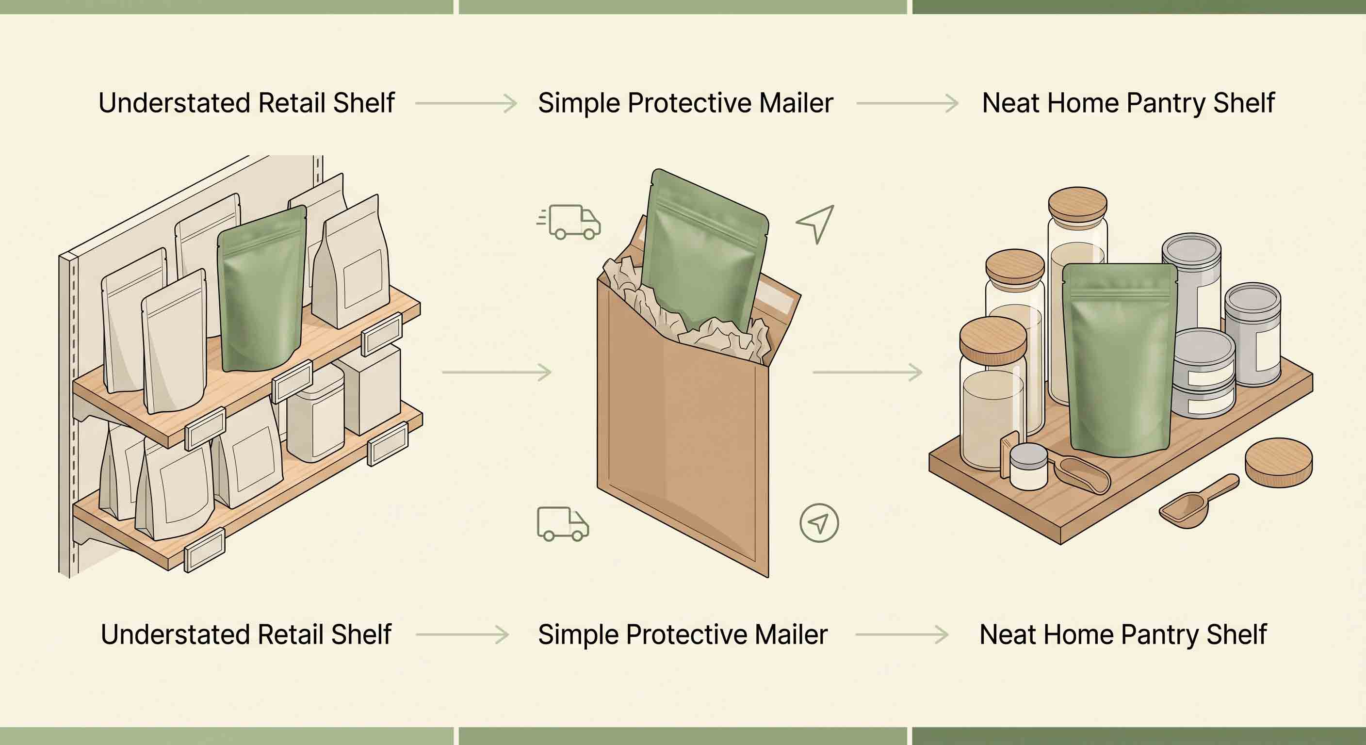 Illustrative technical diagram of a loose-leaf tea pouch across retail, shipment, and storage contexts.