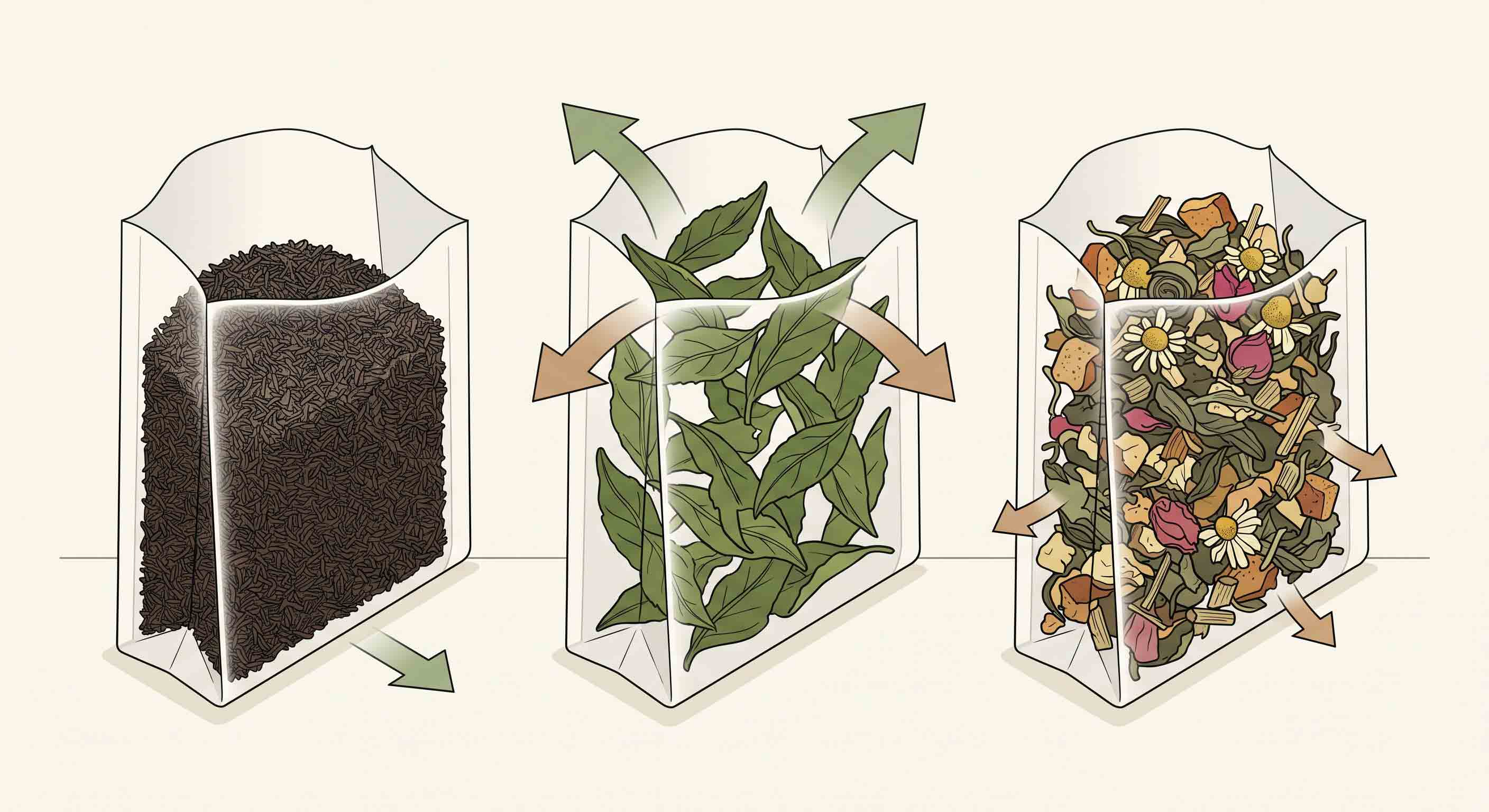 Illustrative technical diagram of fine-cut, whole-leaf, and mixed tea fill profiles.